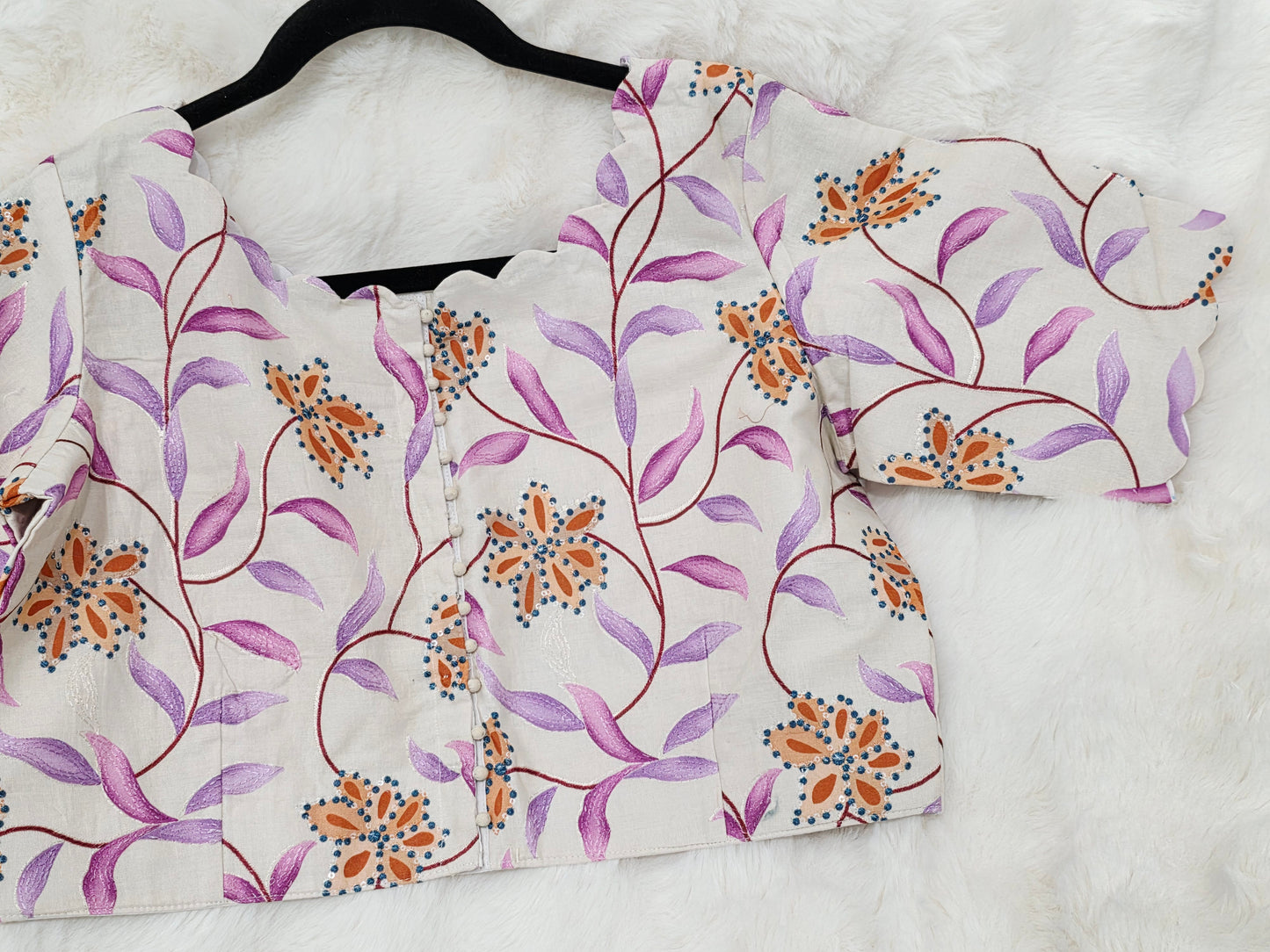 Ivory Pearl Mul Cotton Floral Print & Embroidery Designer Blouse