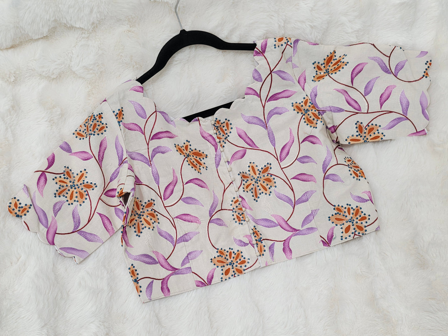 Ivory Pearl Mul Cotton Floral Print & Embroidery Designer Blouse