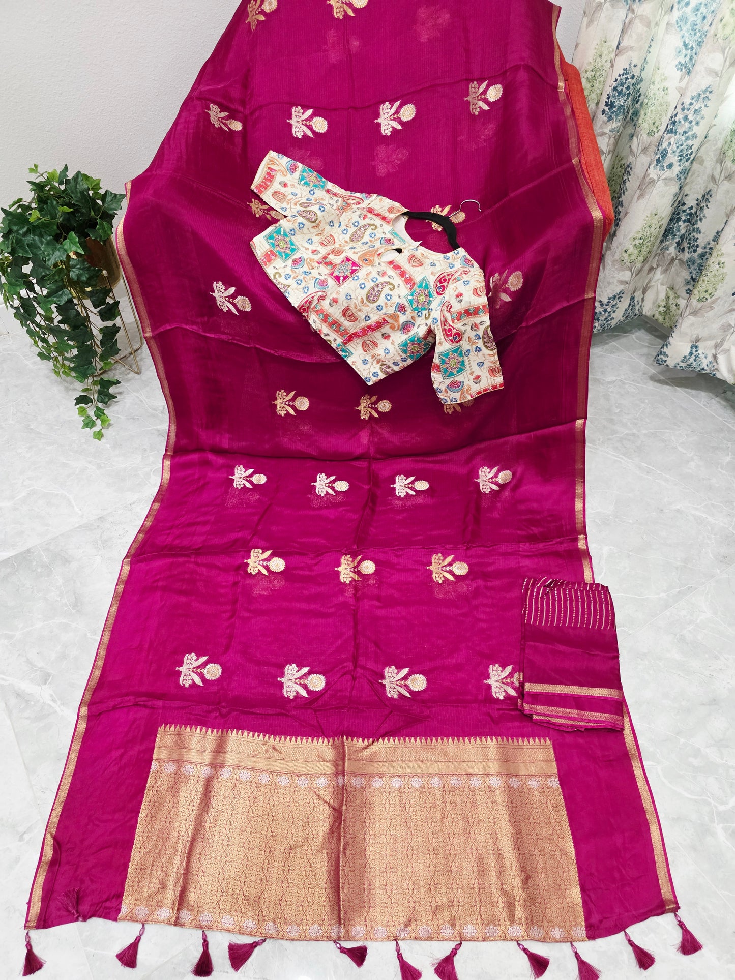 Rani Magenta Pure Manipuri Kota Silk Saree with Floral Paisley Stitched Blouse