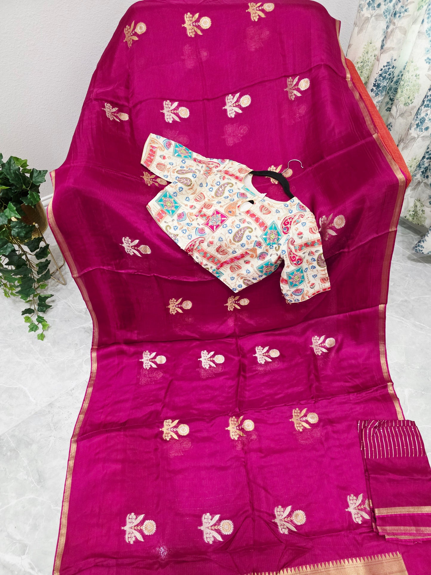 Rani Magenta Pure Manipuri Kota Silk Saree with Floral Paisley Stitched Blouse