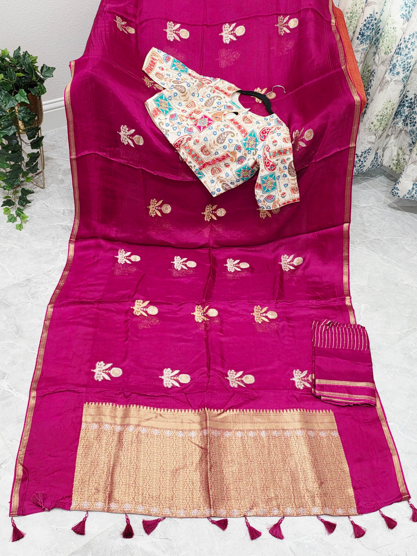 Rani Magenta Pure Manipuri Kota Silk Saree with Floral Paisley Stitched Blouse