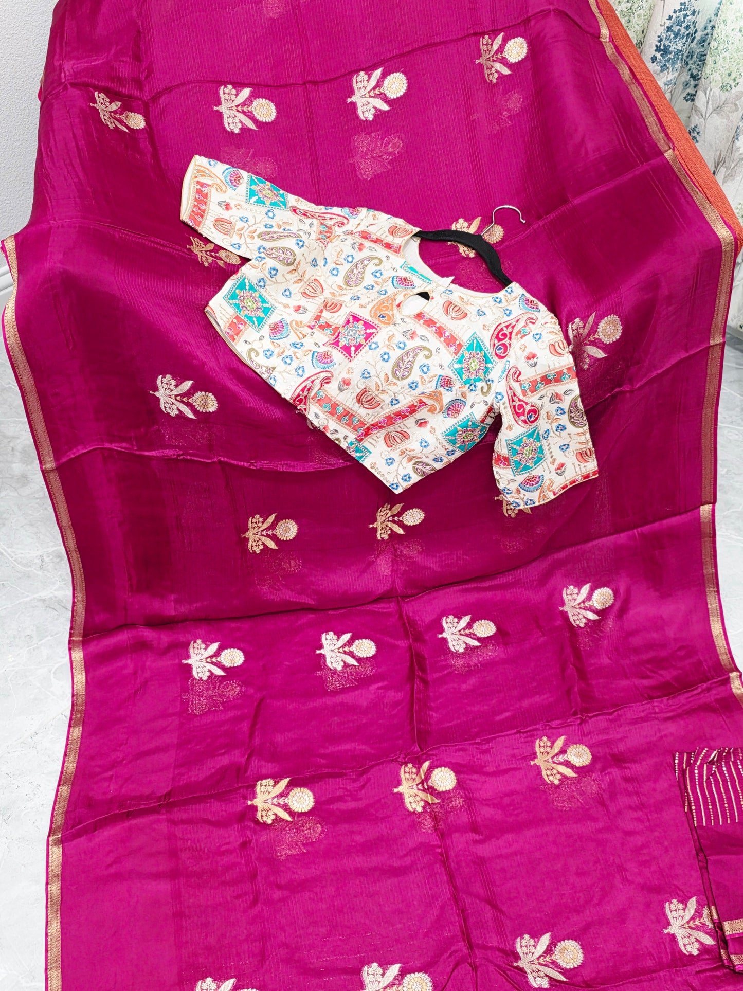 Rani Magenta Pure Manipuri Kota Silk Saree with Floral Paisley Stitched Blouse
