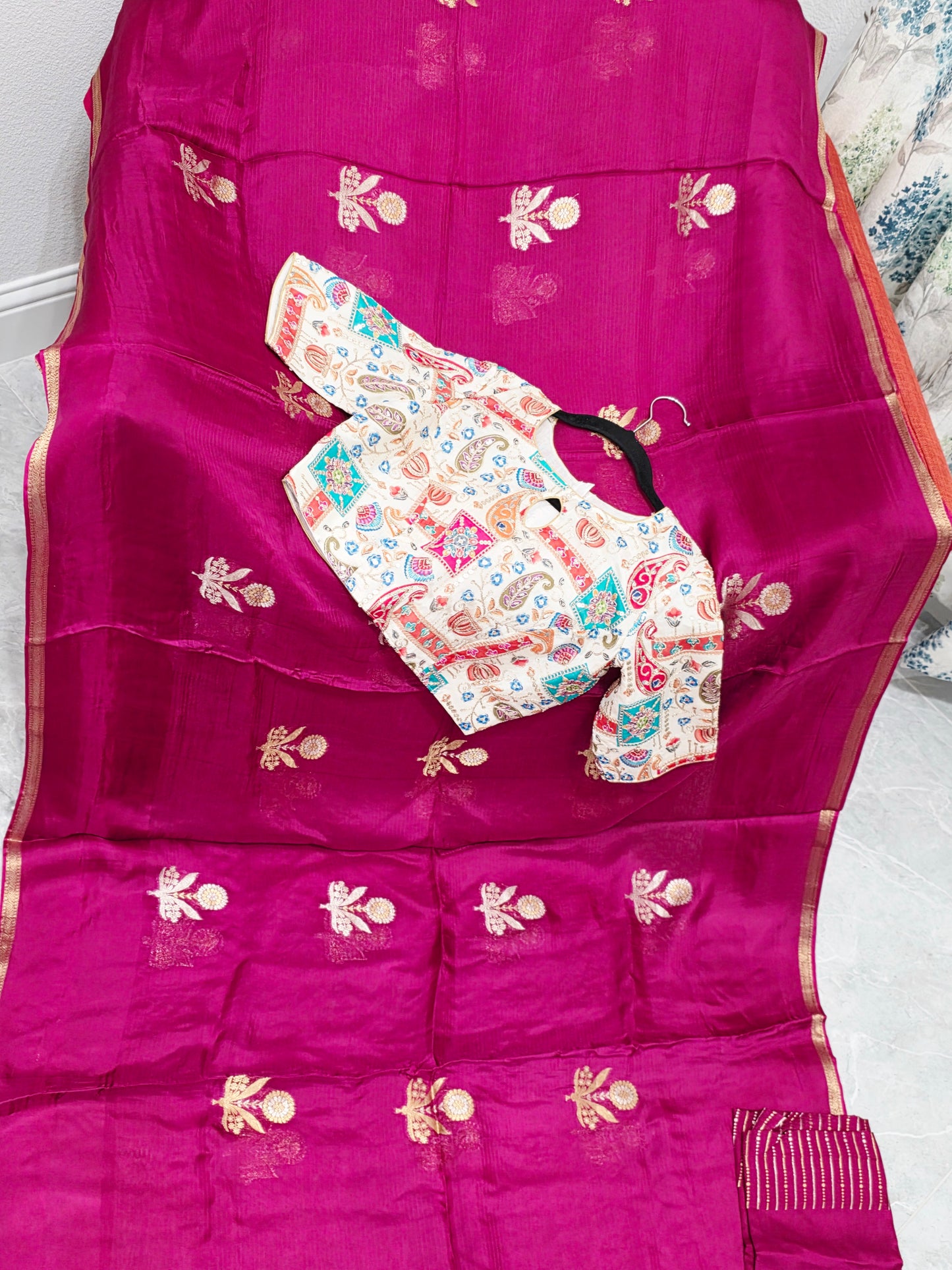 Rani Magenta Pure Manipuri Kota Silk Saree with Floral Paisley Stitched Blouse