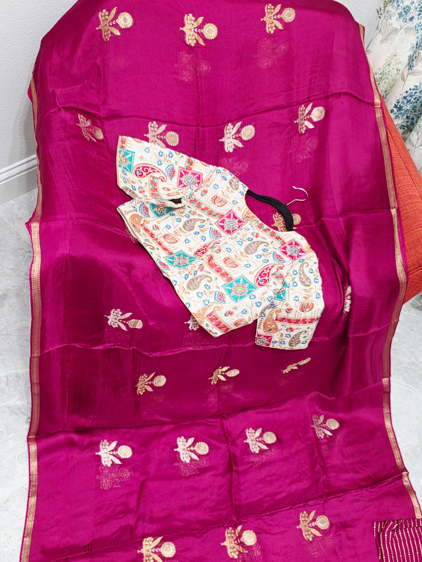 Rani Magenta Pure Manipuri Kota Silk Saree with Floral Paisley Stitched Blouse