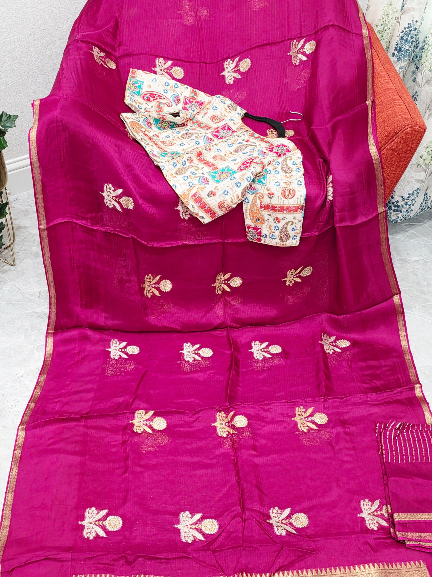 Rani Magenta Pure Manipuri Kota Silk Saree with Floral Paisley Stitched Blouse