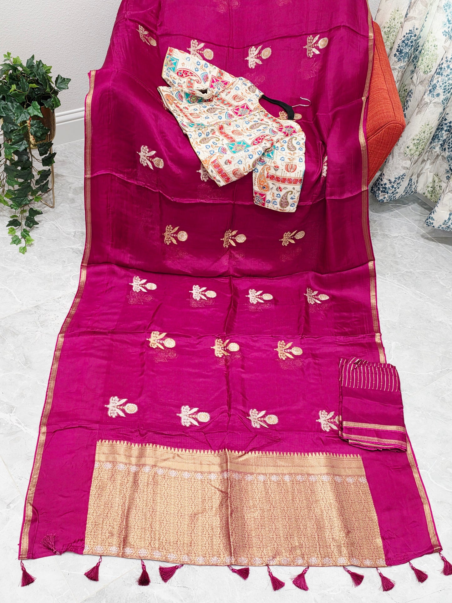 Rani Magenta Pure Manipuri Kota Silk Saree with Floral Paisley Stitched Blouse