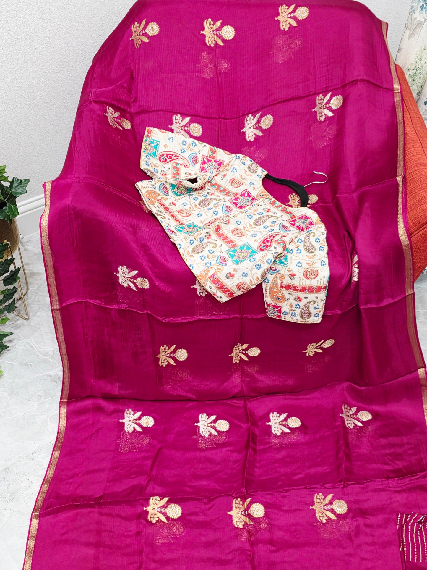 Rani Magenta Pure Manipuri Kota Silk Saree with Floral Paisley Stitched Blouse