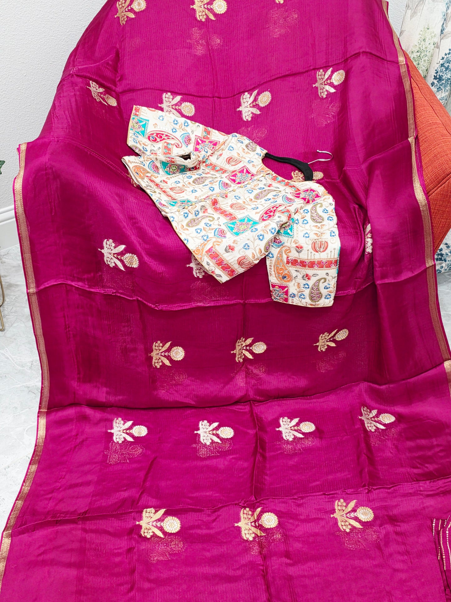 Rani Magenta Pure Manipuri Kota Silk Saree with Floral Paisley Stitched Blouse