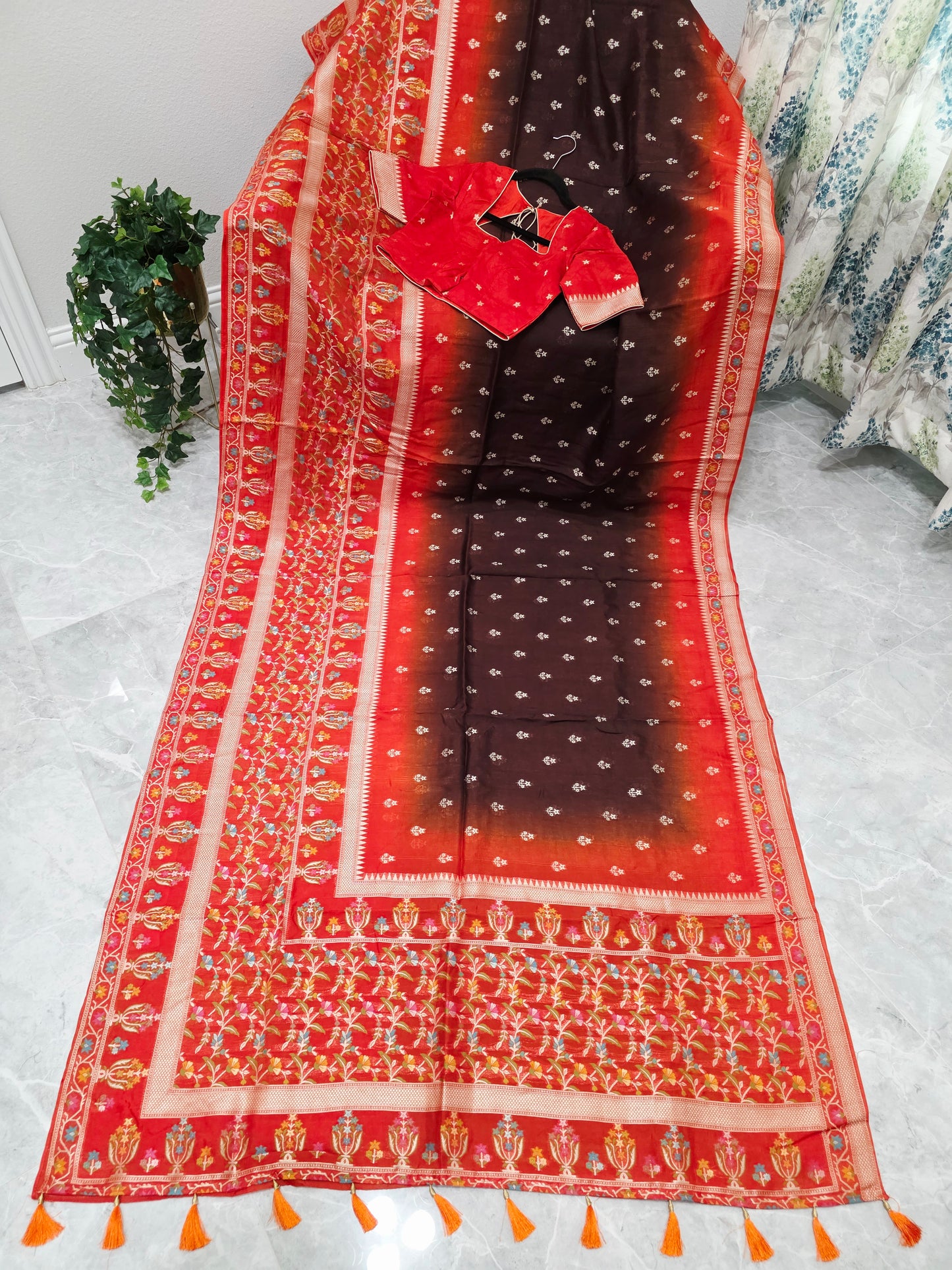 Chocolate Brown & Rust Orange Chanderi Linen Benarasi Saree with Stitched Blouse