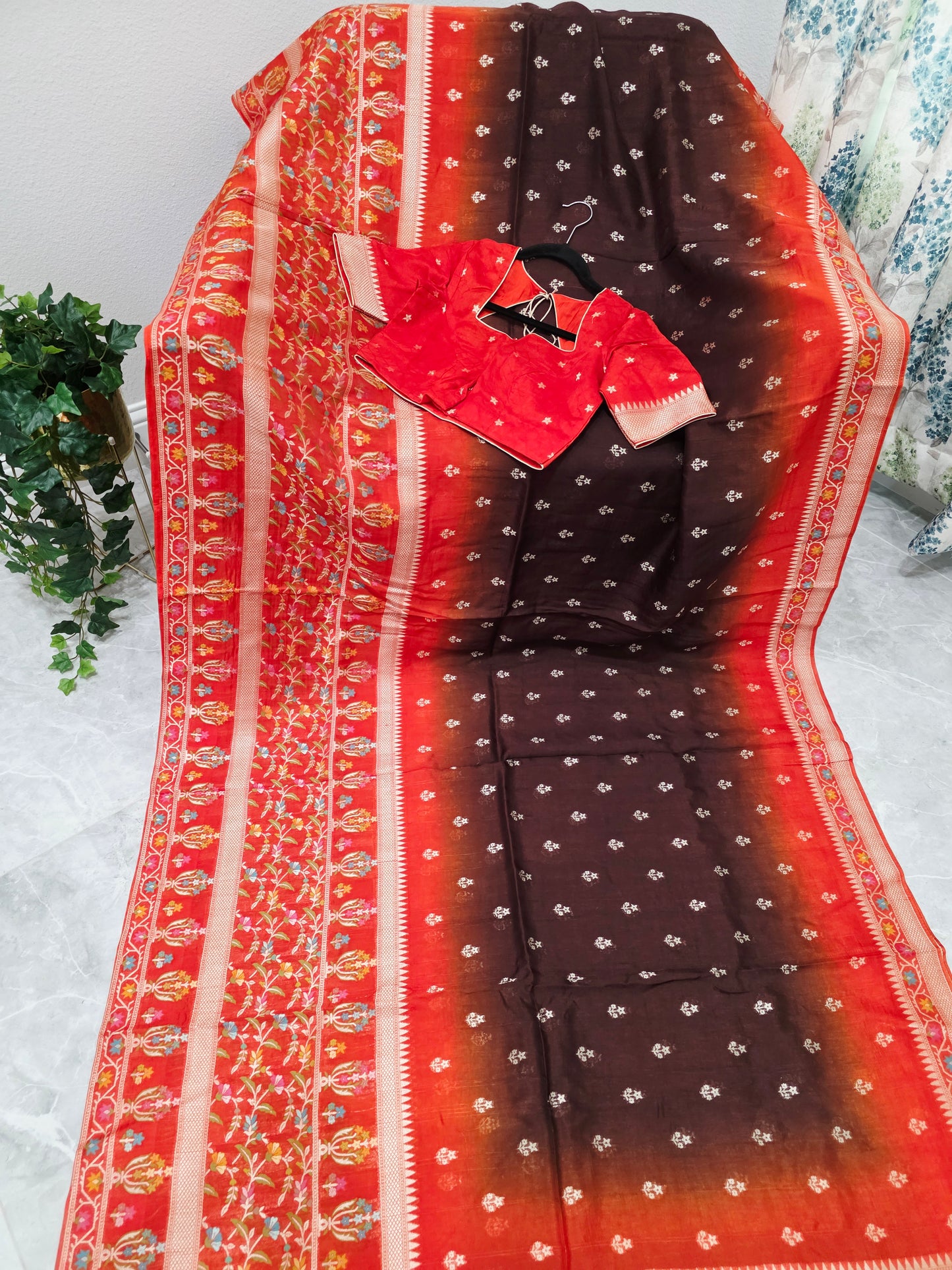Chocolate Brown & Rust Orange Chanderi Linen Benarasi Saree with Stitched Blouse