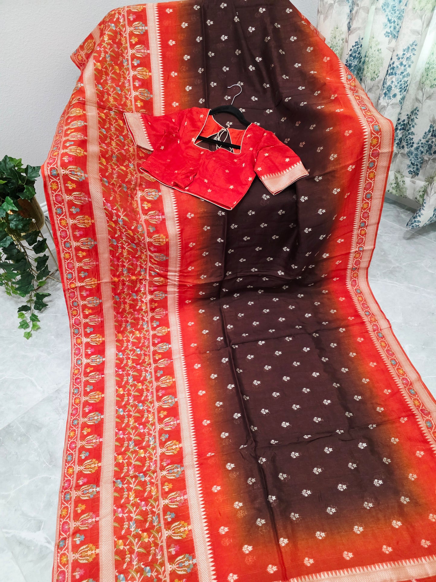 Chocolate Brown & Rust Orange Chanderi Linen Benarasi Saree with Stitched Blouse