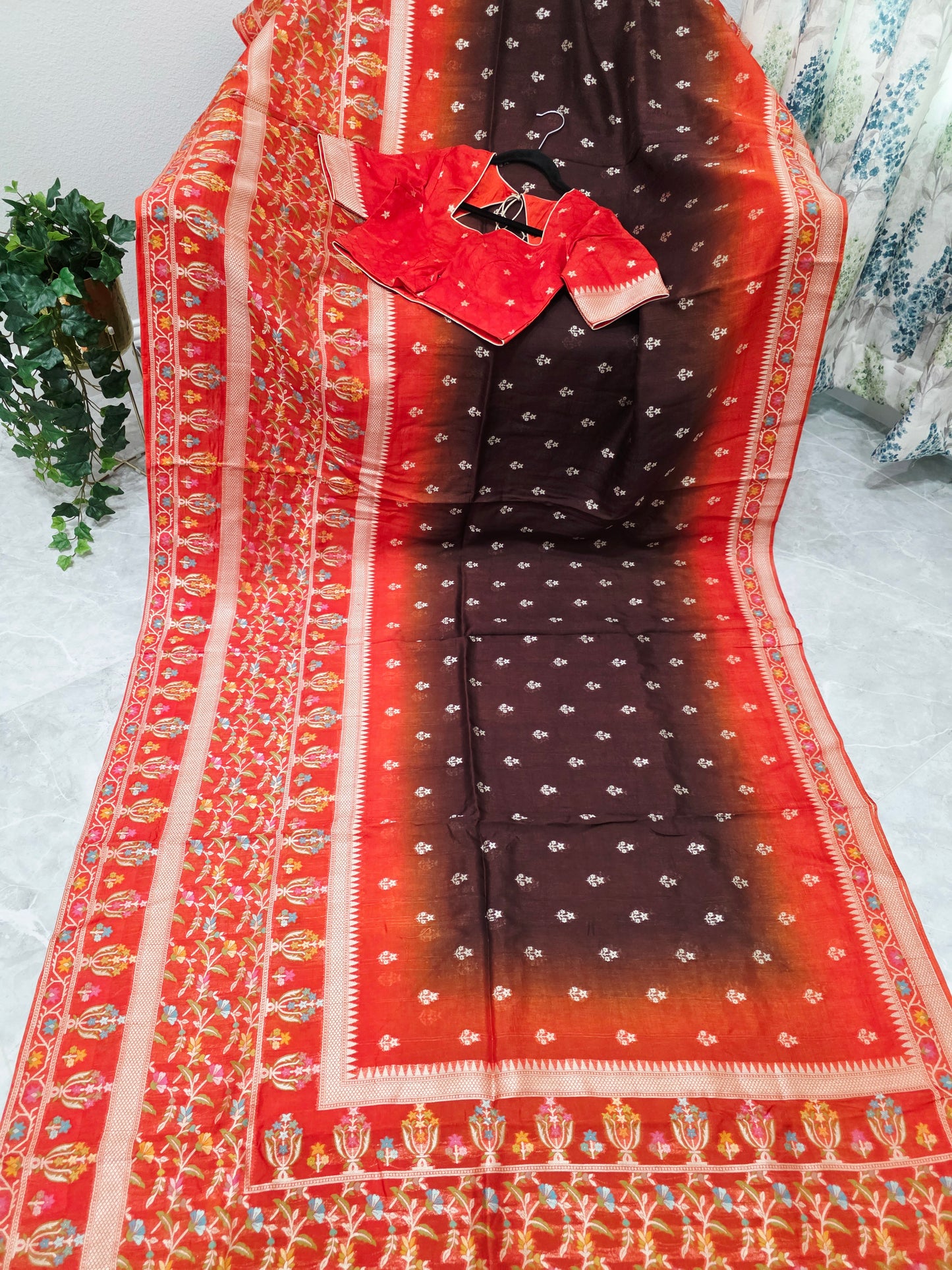 Chocolate Brown & Rust Orange Chanderi Linen Benarasi Saree with Stitched Blouse