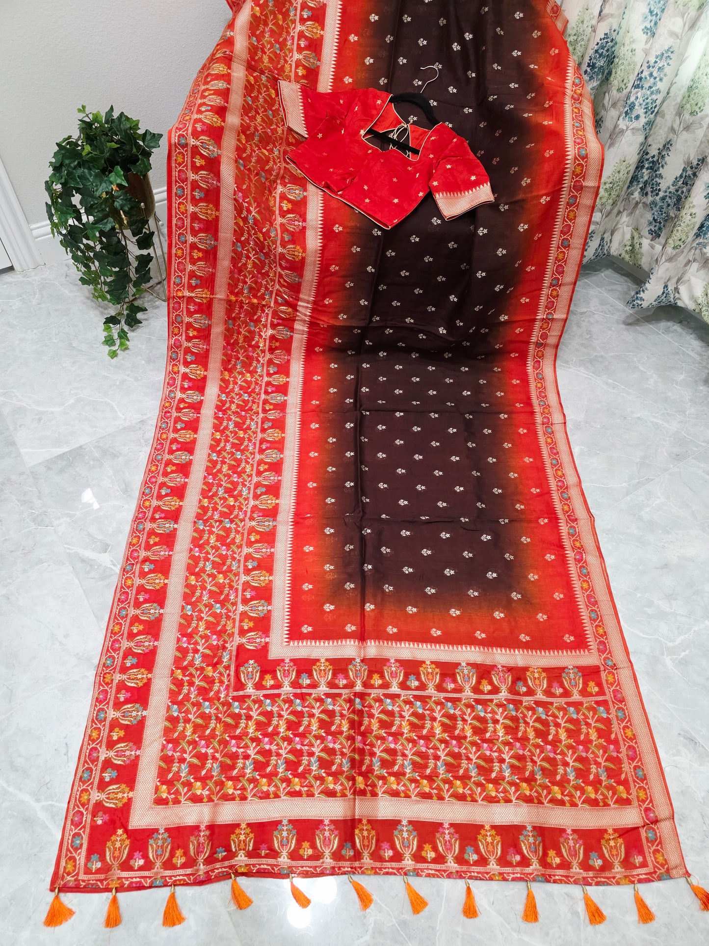 Chocolate Brown & Rust Orange Chanderi Linen Benarasi Saree with Stitched Blouse