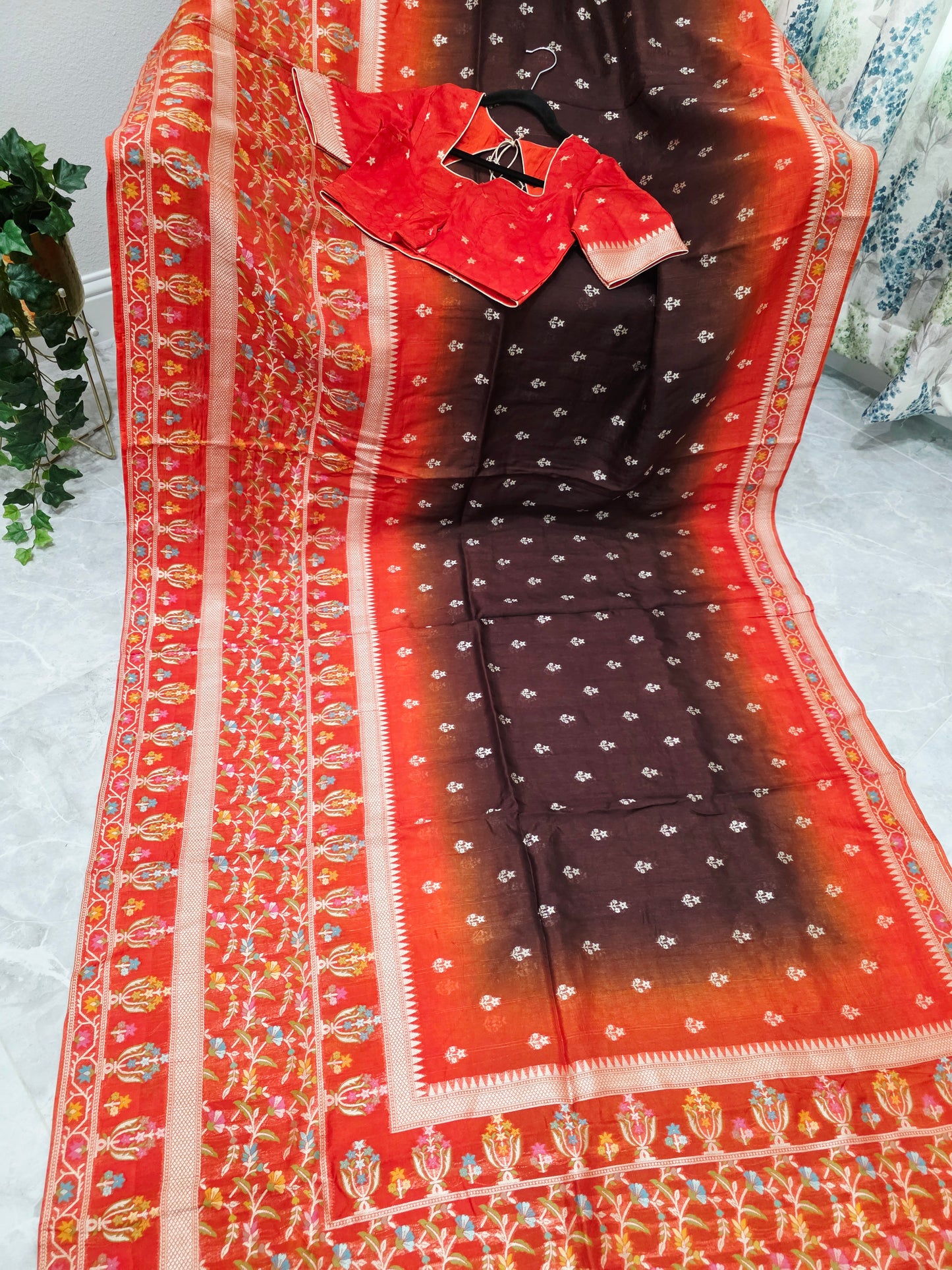 Chocolate Brown & Rust Orange Chanderi Linen Benarasi Saree with Stitched Blouse
