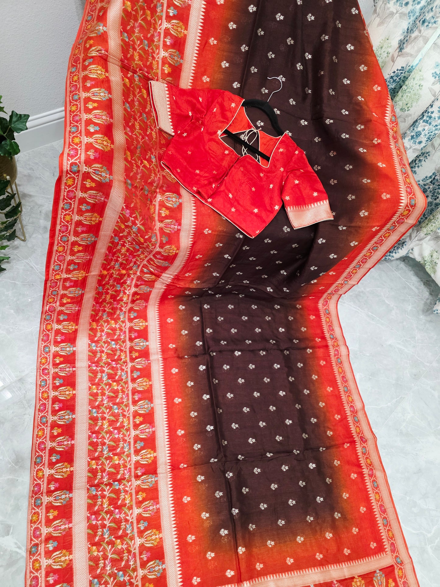 Chocolate Brown & Rust Orange Chanderi Linen Benarasi Saree with Stitched Blouse