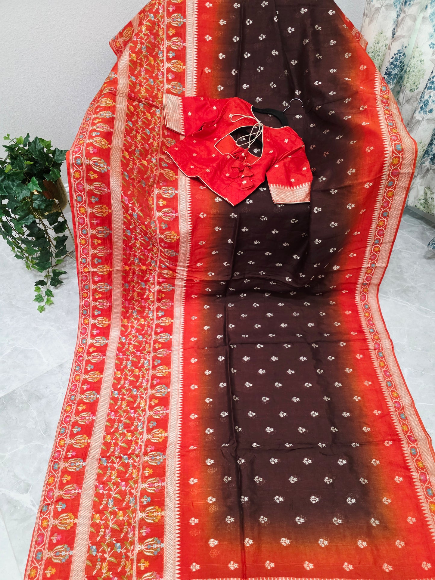 Chocolate Brown & Rust Orange Chanderi Linen Benarasi Saree with Stitched Blouse