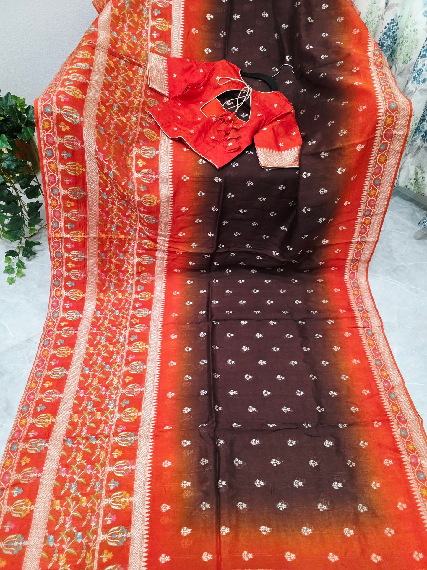 Chocolate Brown & Rust Orange Chanderi Linen Benarasi Saree with Stitched Blouse