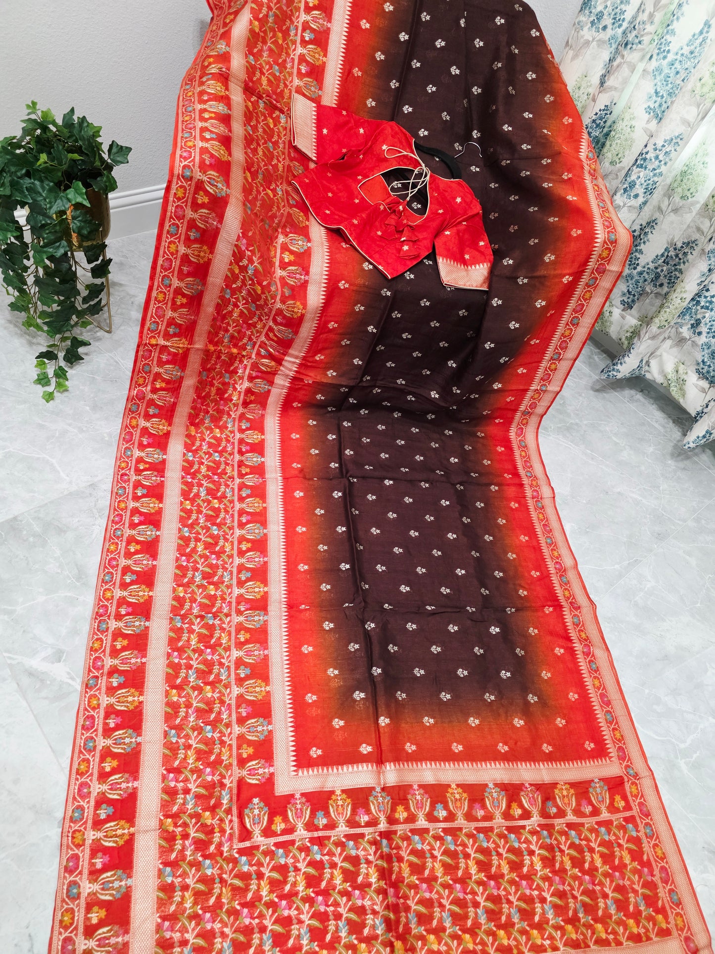 Chocolate Brown & Rust Orange Chanderi Linen Benarasi Saree with Stitched Blouse