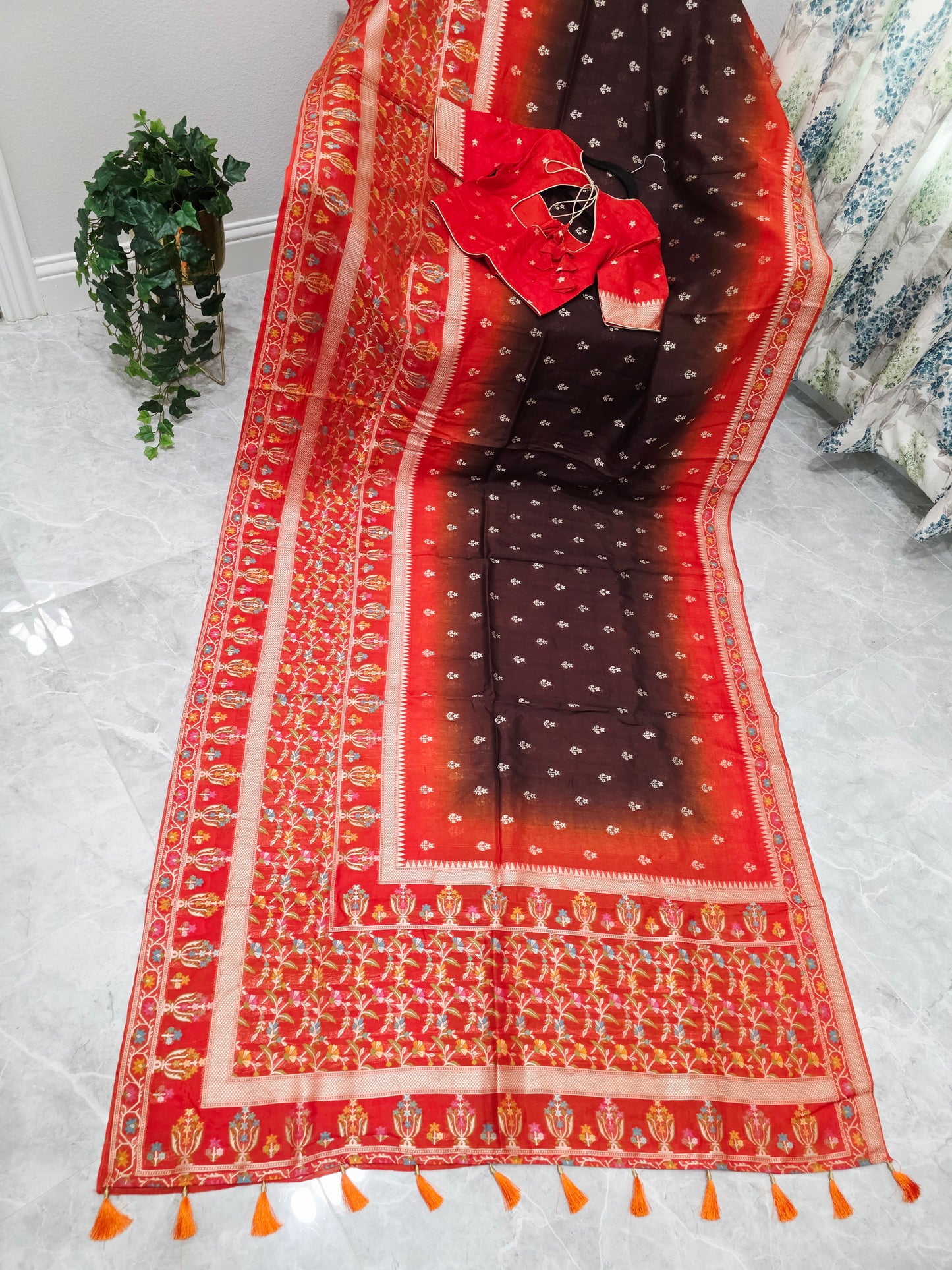 Chocolate Brown & Rust Orange Chanderi Linen Benarasi Saree with Stitched Blouse