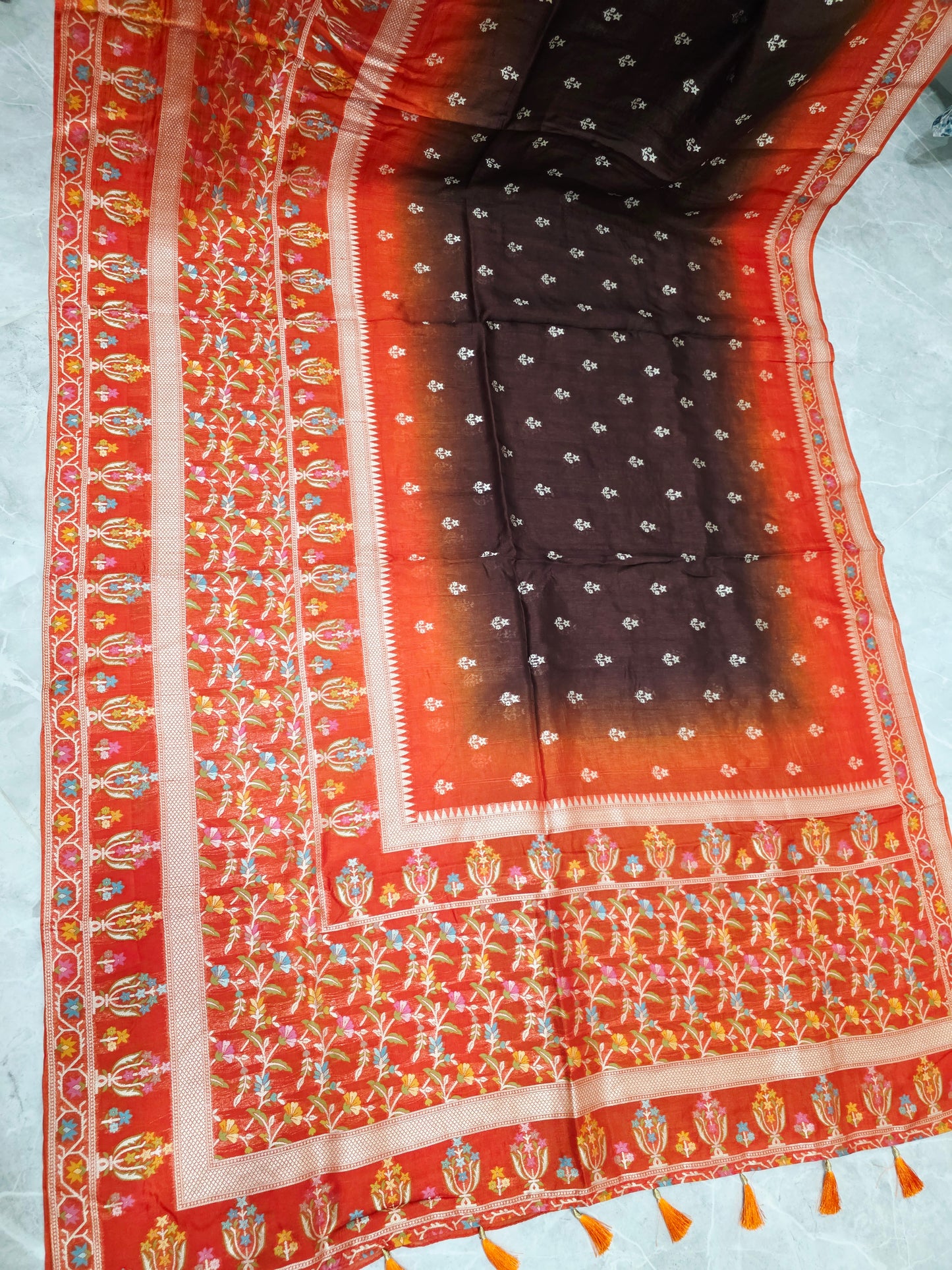 Chocolate Brown & Rust Orange Chanderi Linen Benarasi Saree with Stitched Blouse