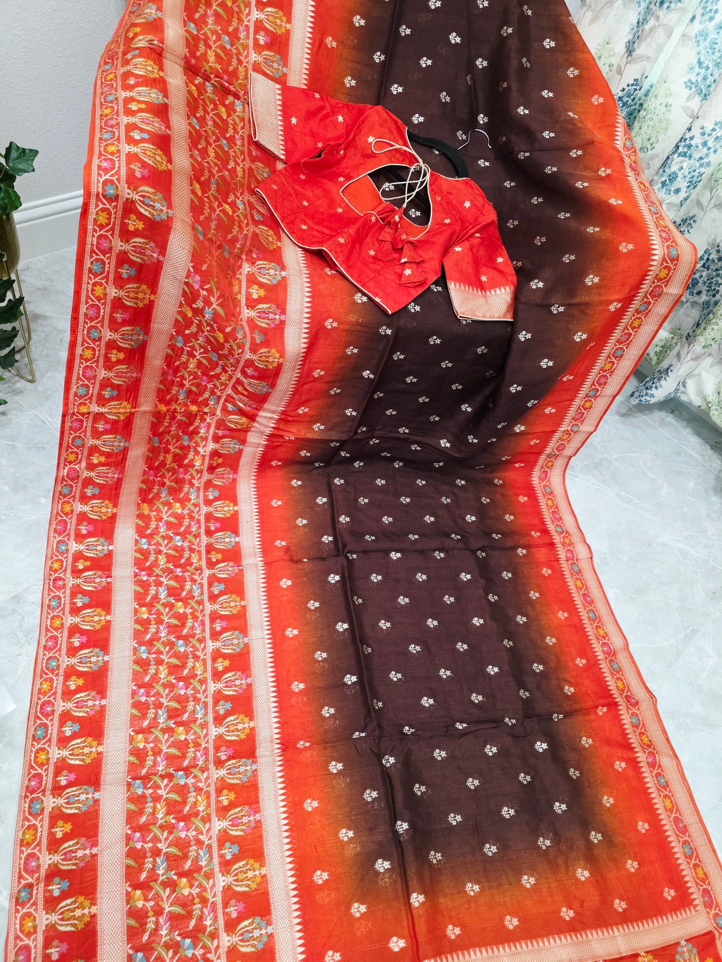 Chocolate Brown & Rust Orange Chanderi Linen Benarasi Saree with Stitched Blouse