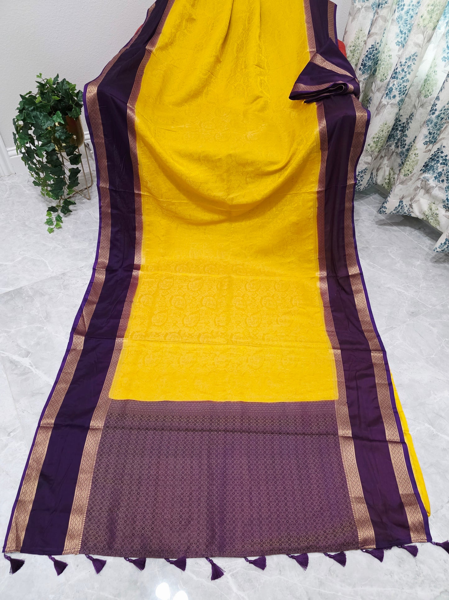 Golden Yellow & Royal Plum Gap Border Semi Mysore Crepe Silk Saree
