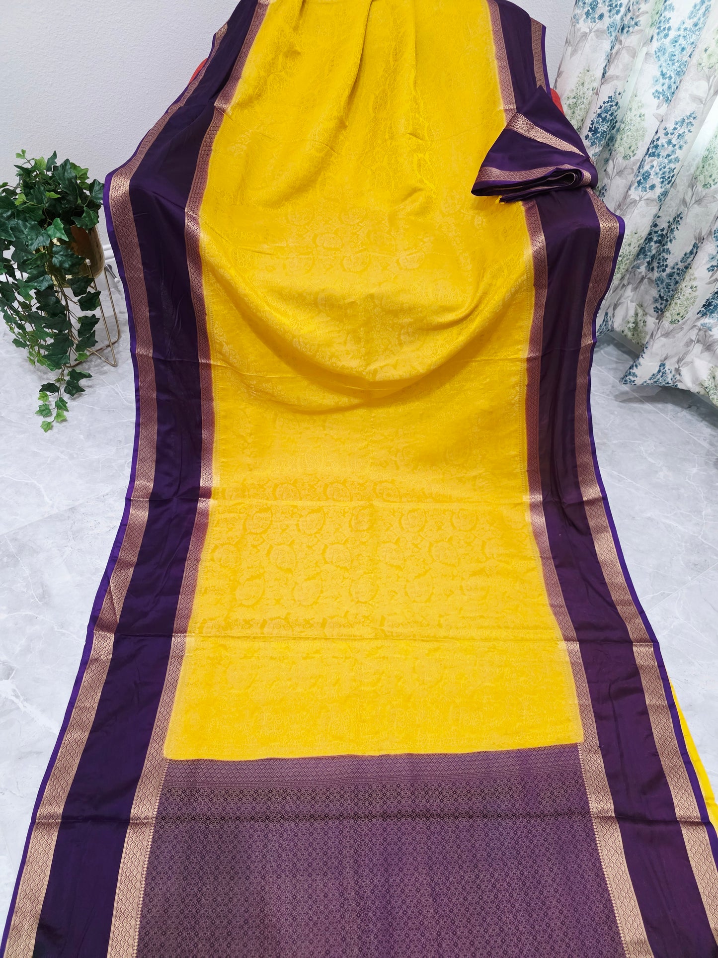 Golden Yellow & Royal Plum Gap Border Semi Mysore Crepe Silk Saree