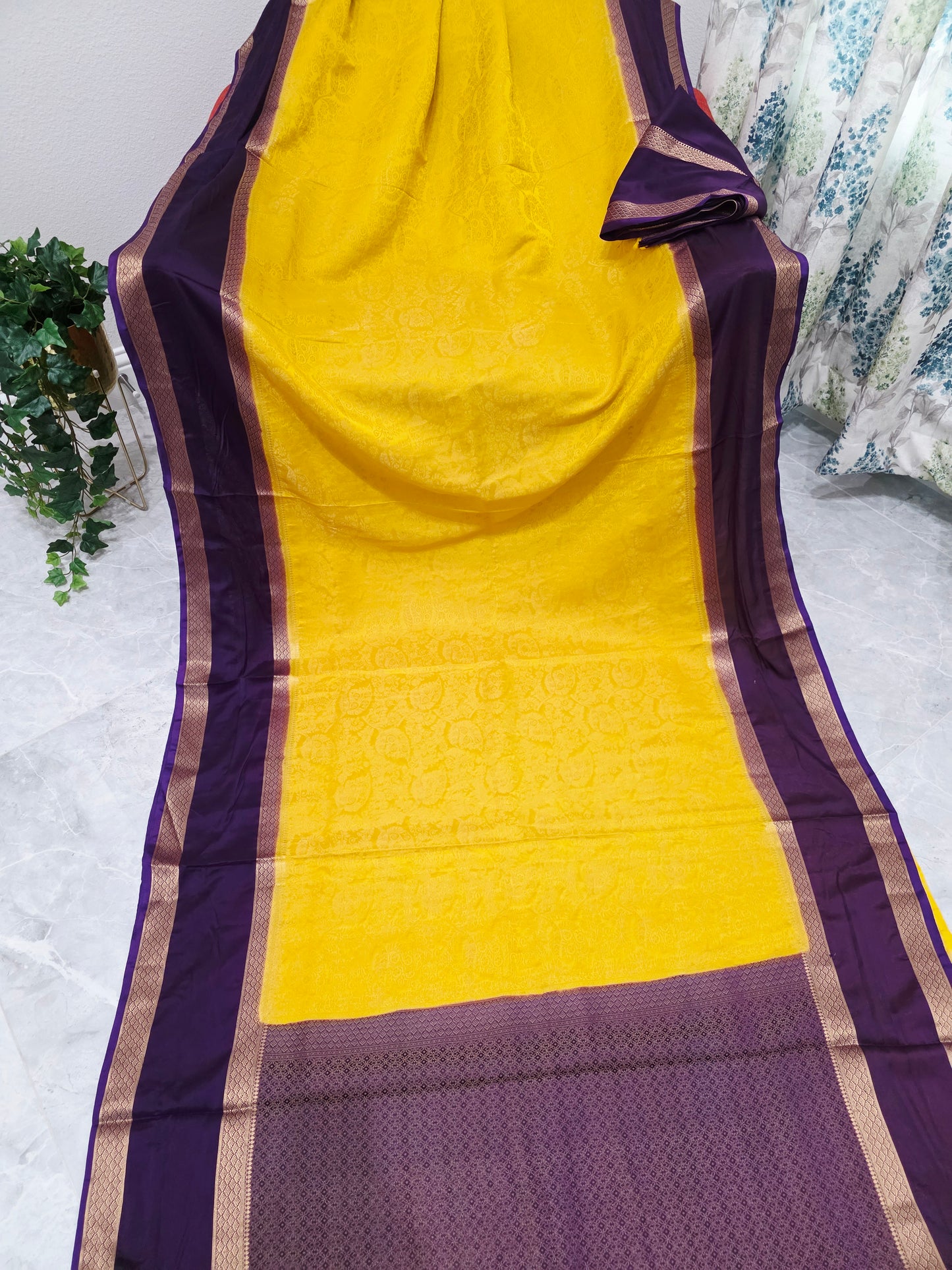 Golden Yellow & Royal Plum Gap Border Semi Mysore Crepe Silk Saree