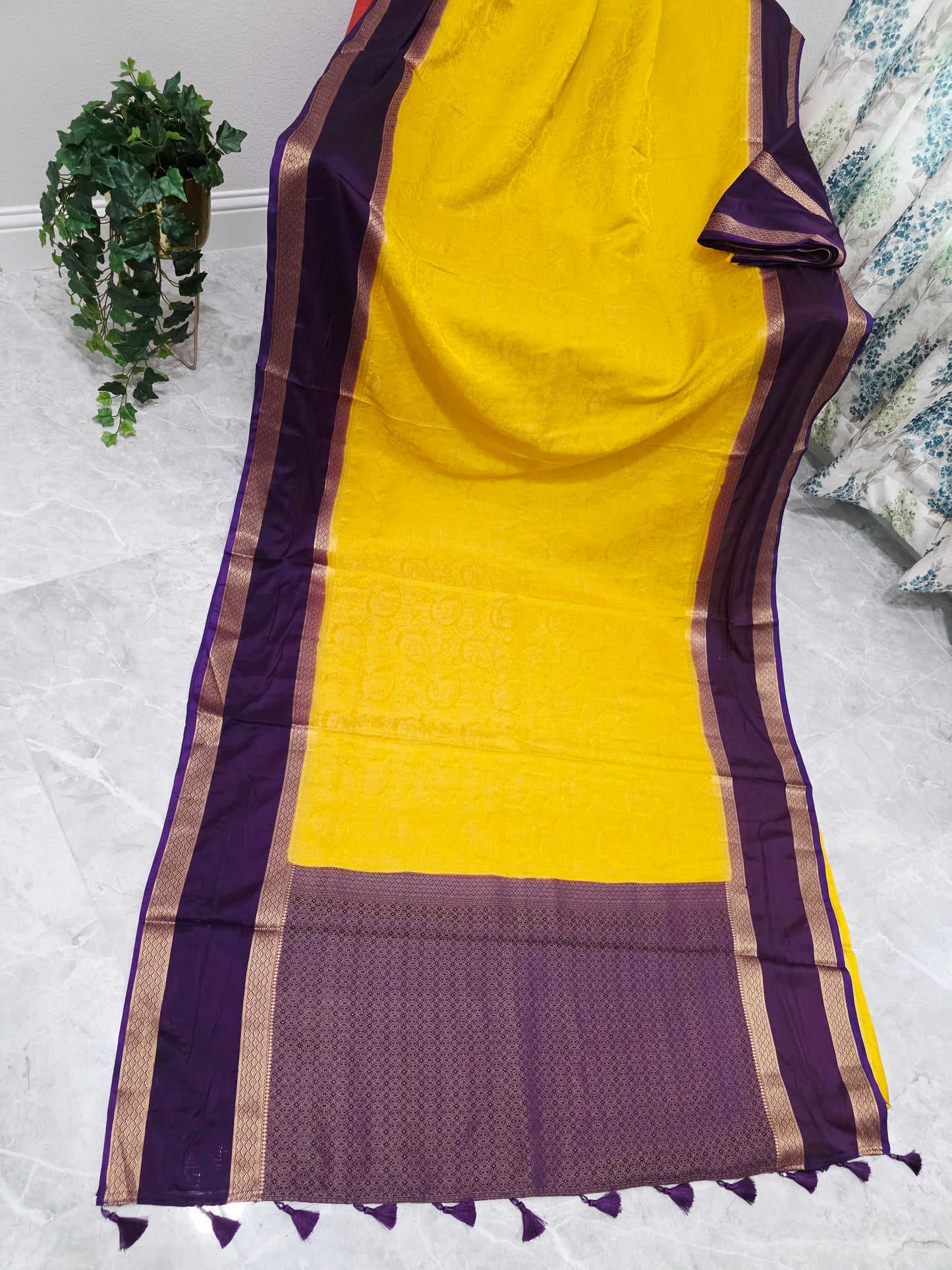 Golden Yellow & Royal Plum Gap Border Semi Mysore Crepe Silk Saree
