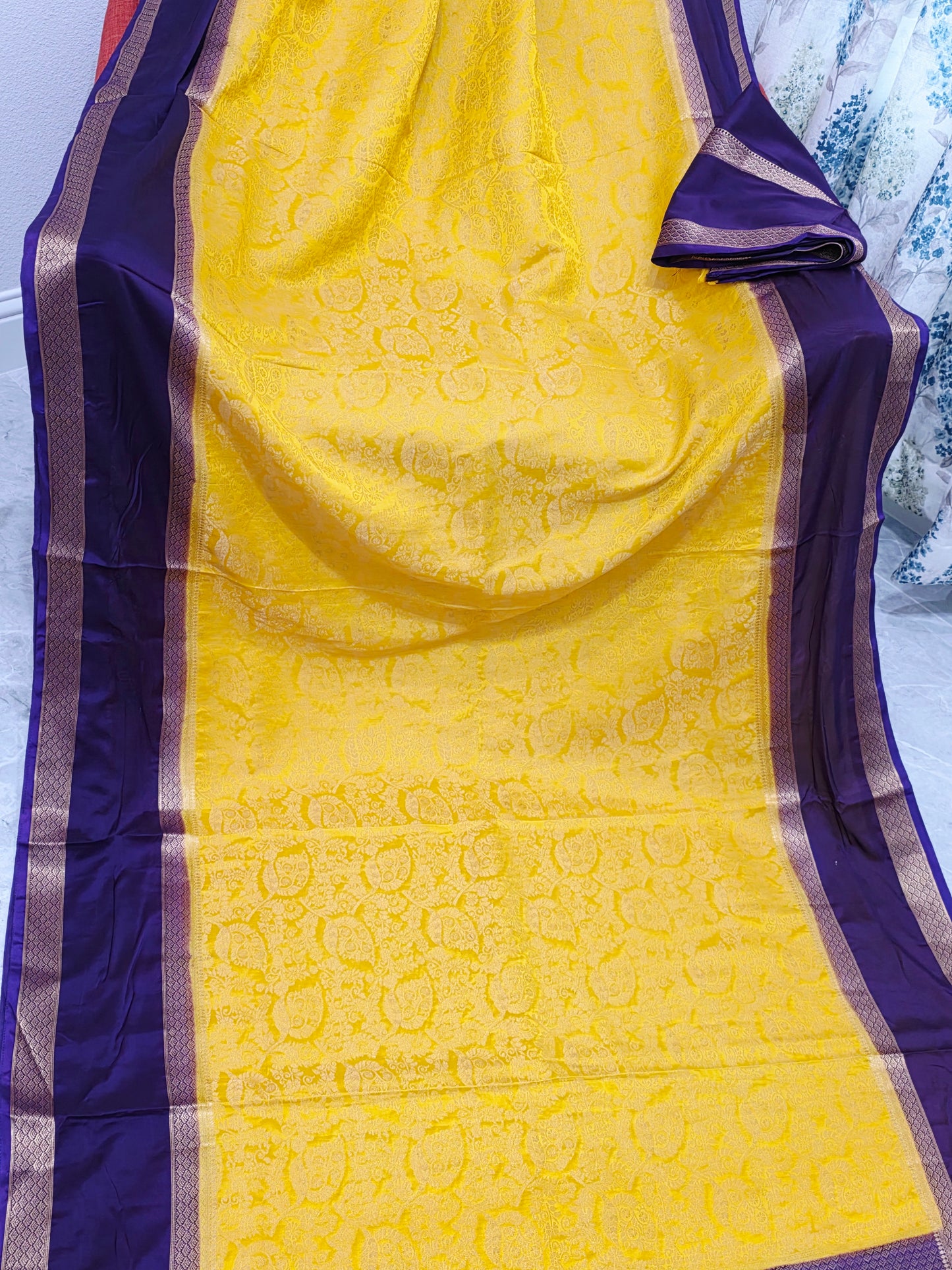 Golden Yellow & Royal Plum Gap Border Semi Mysore Crepe Silk Saree