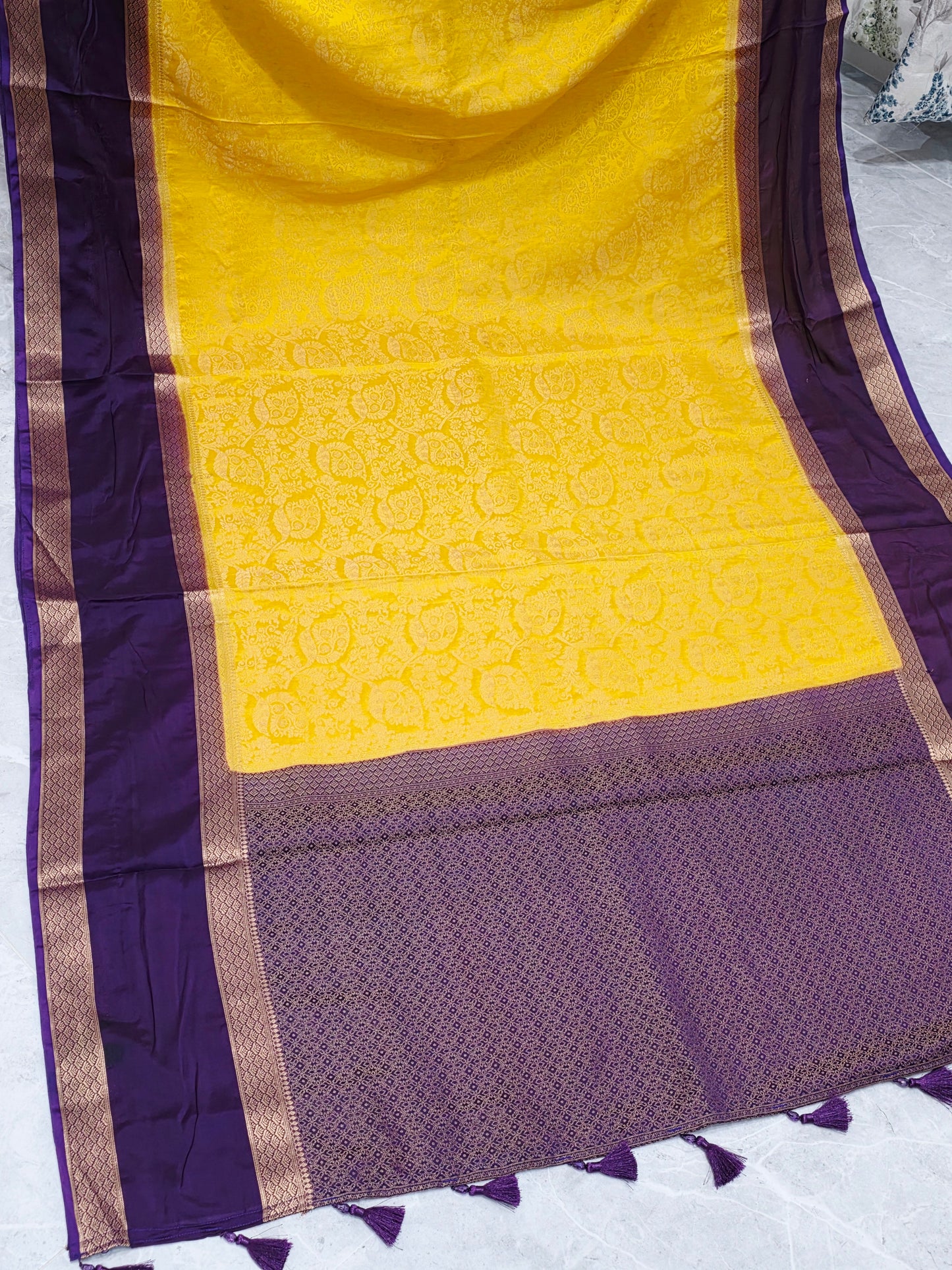 Golden Yellow & Royal Plum Gap Border Semi Mysore Crepe Silk Saree