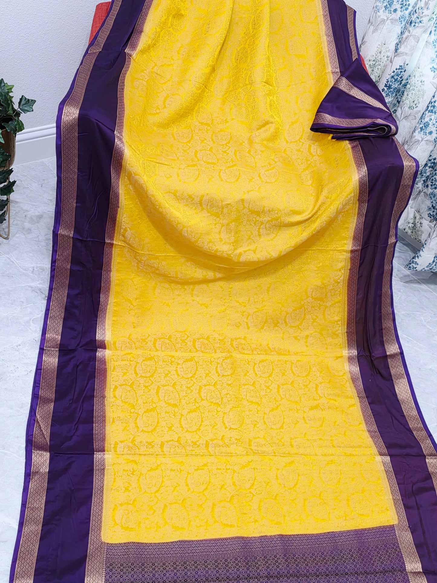 Golden Yellow & Royal Plum Gap Border Semi Mysore Crepe Silk Saree
