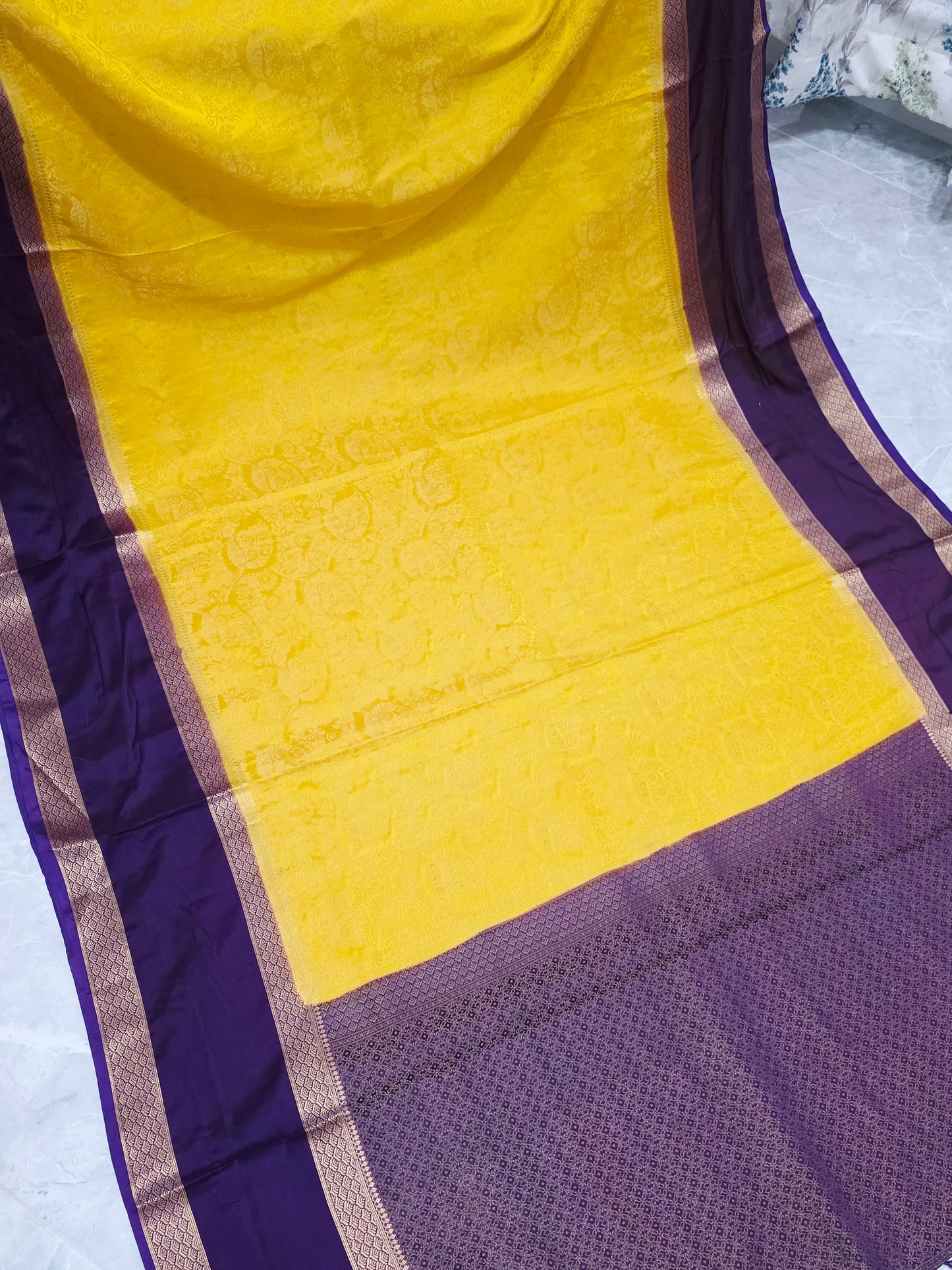 Golden Yellow & Royal Plum Gap Border Semi Mysore Crepe Silk Saree