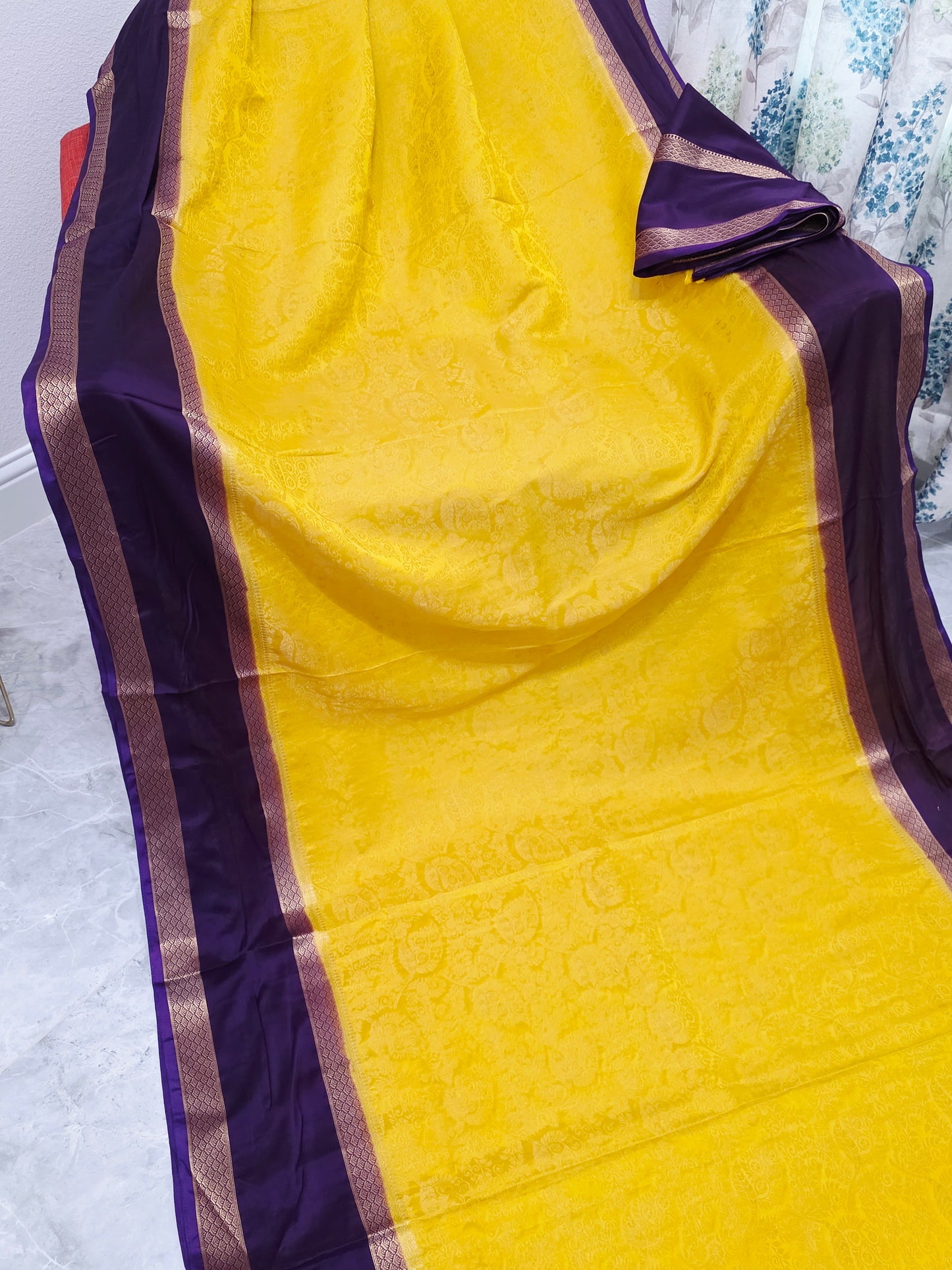 Golden Yellow & Royal Plum Gap Border Semi Mysore Crepe Silk Saree