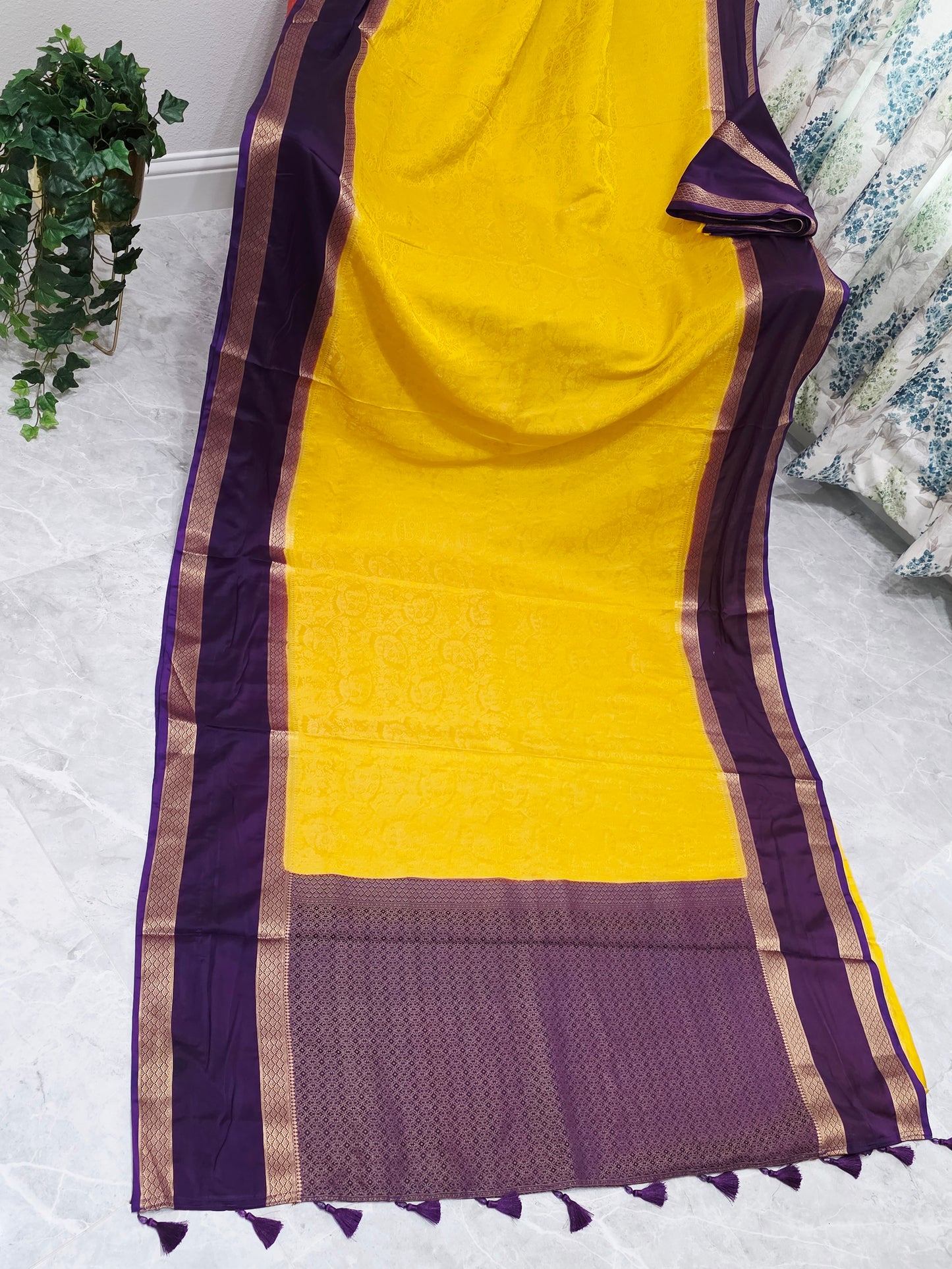 Golden Yellow & Royal Plum Gap Border Semi Mysore Crepe Silk Saree