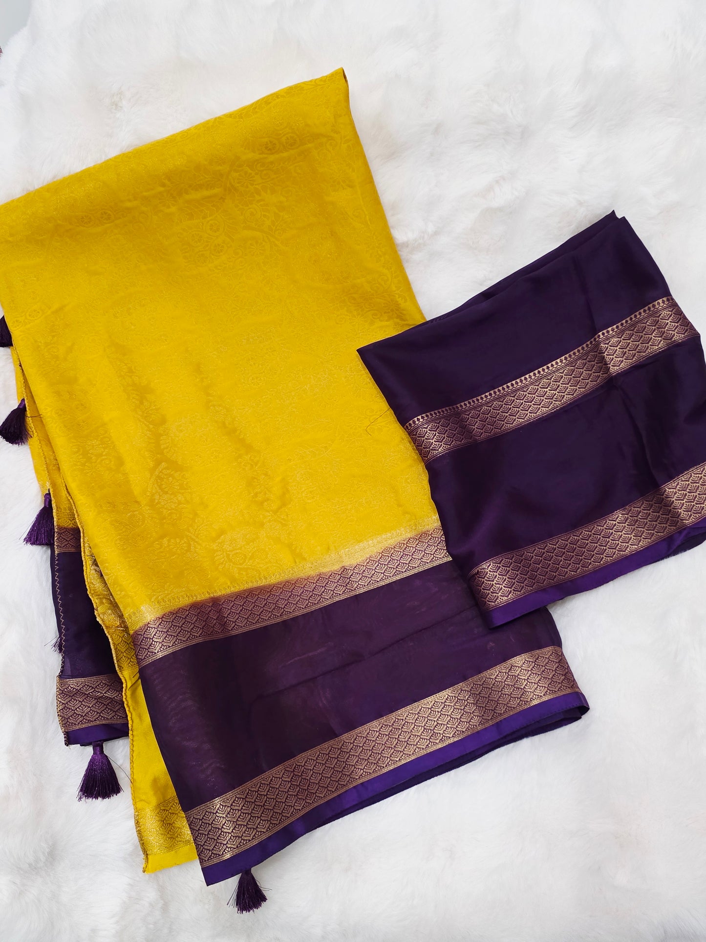 Golden Yellow & Royal Plum Gap Border Semi Mysore Crepe Silk Saree