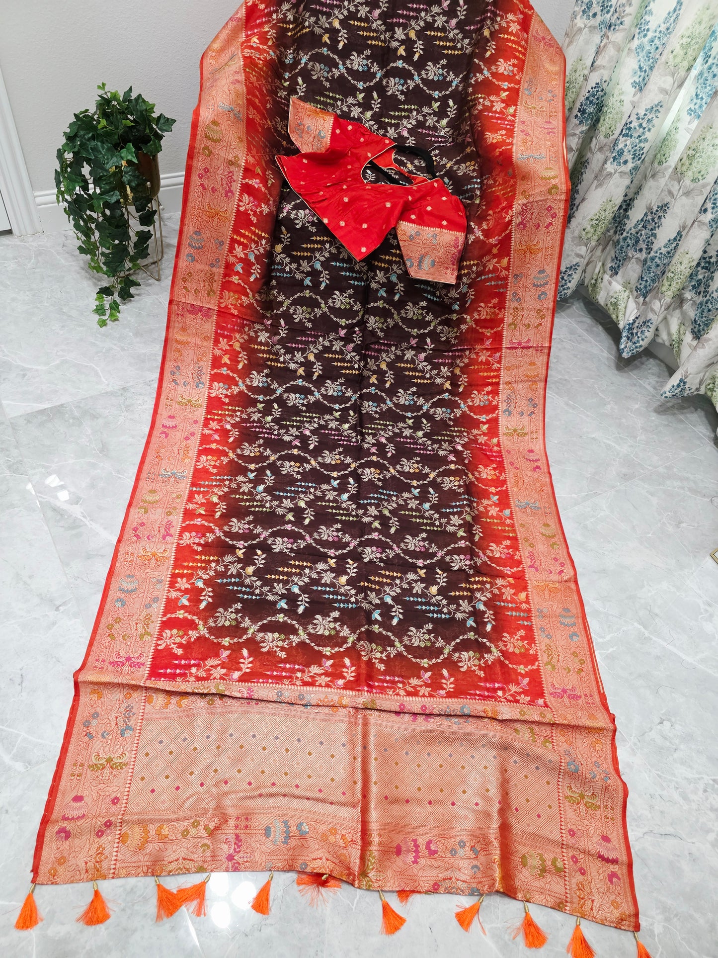 Chocolate Brown & Rust Orange Chanderi Linen Benarasi Saree with Stitched Blouse