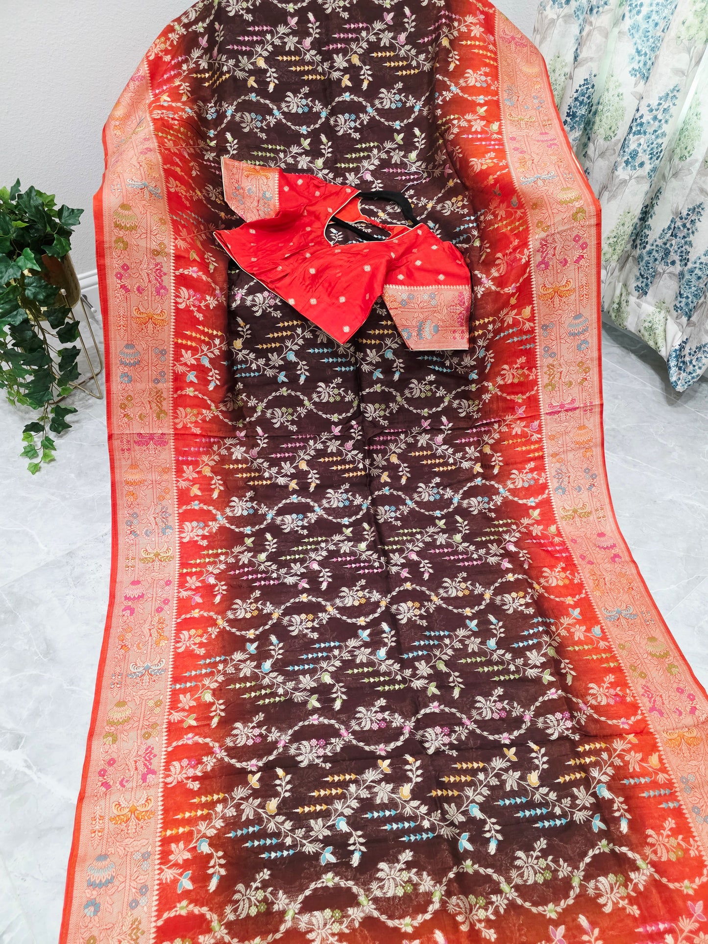 Chocolate Brown & Rust Orange Chanderi Linen Benarasi Saree with Stitched Blouse