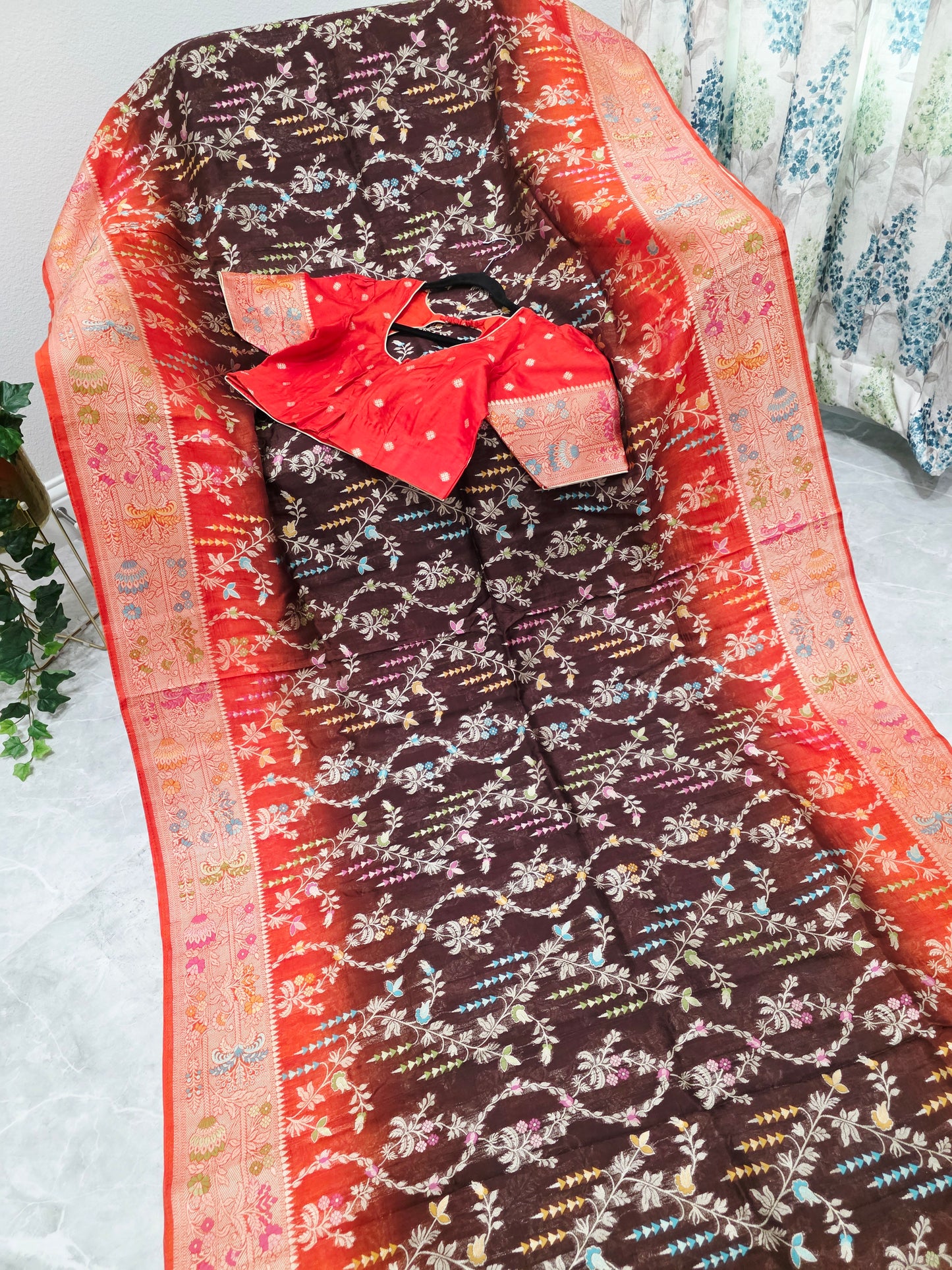 Chocolate Brown & Rust Orange Chanderi Linen Benarasi Saree with Stitched Blouse