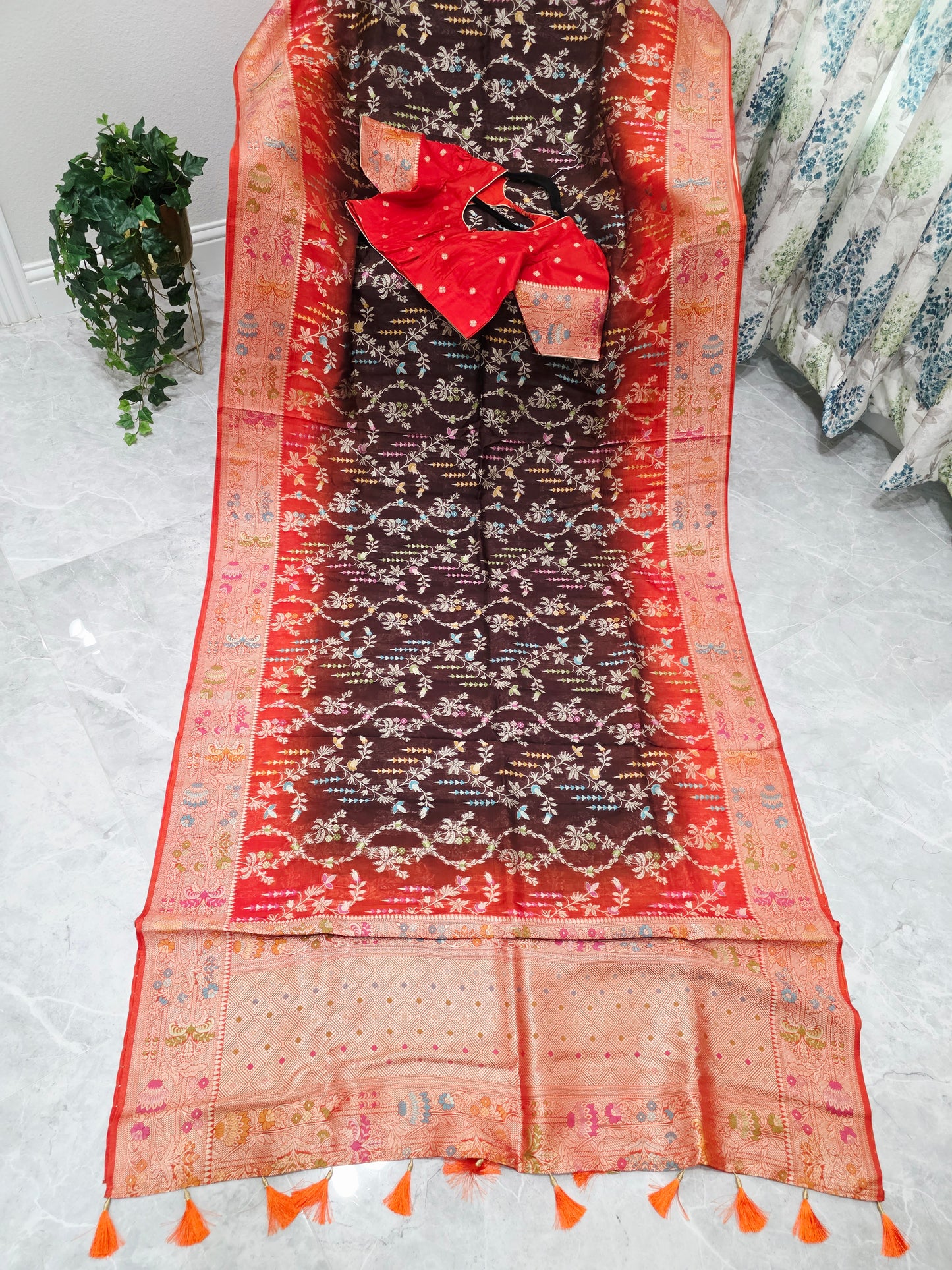 Chocolate Brown & Rust Orange Chanderi Linen Benarasi Saree with Stitched Blouse