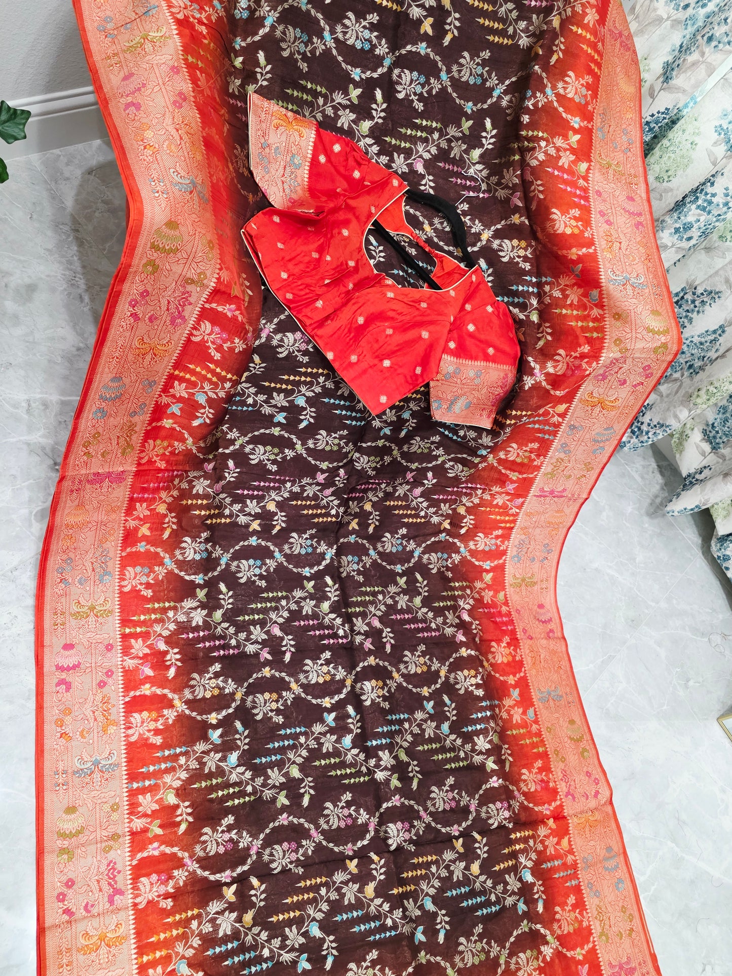 Chocolate Brown & Rust Orange Chanderi Linen Benarasi Saree with Stitched Blouse