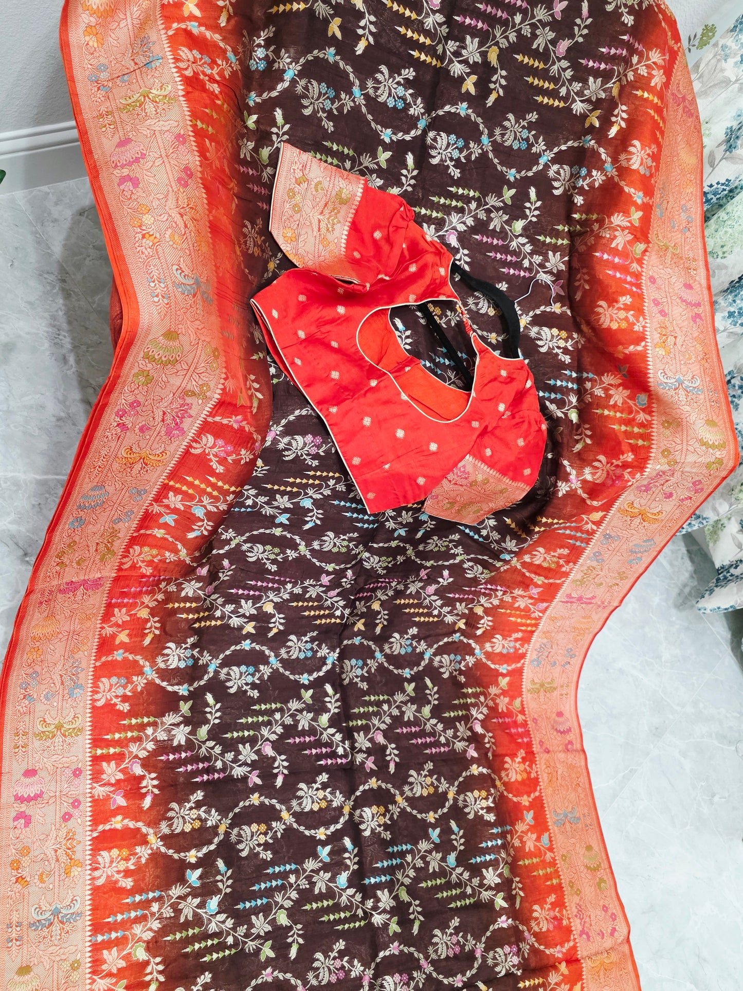 Chocolate Brown & Rust Orange Chanderi Linen Benarasi Saree with Stitched Blouse