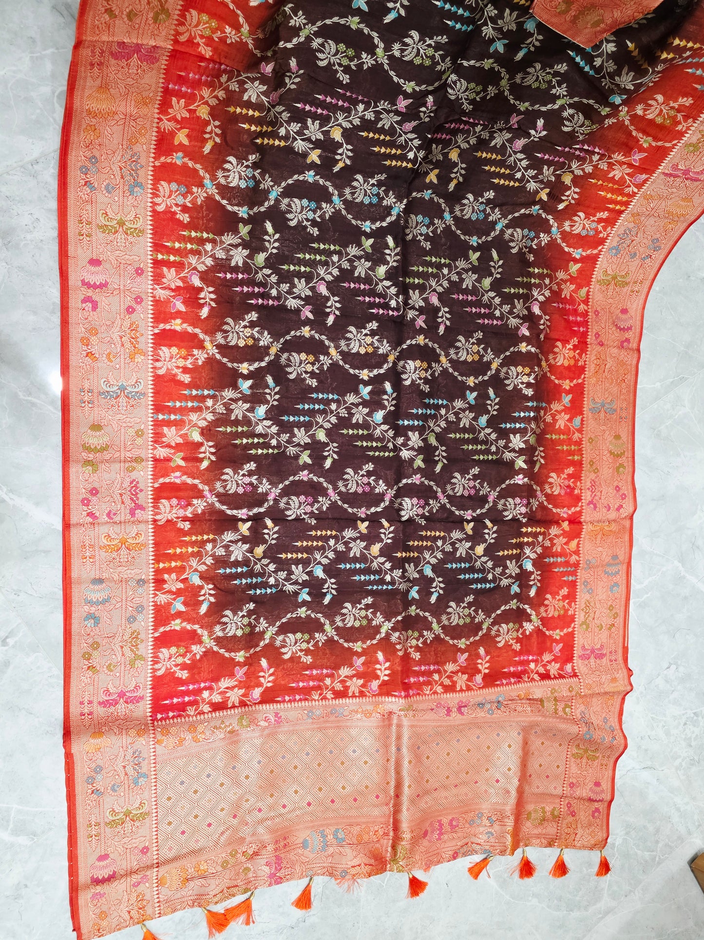 Chocolate Brown & Rust Orange Chanderi Linen Benarasi Saree with Stitched Blouse