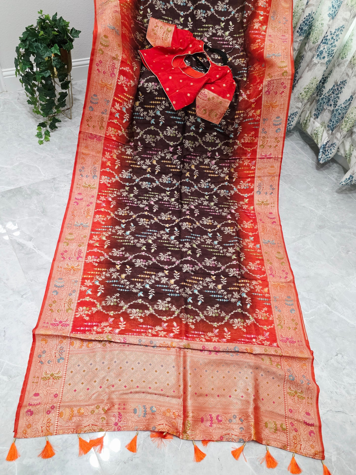 Chocolate Brown & Rust Orange Chanderi Linen Benarasi Saree with Stitched Blouse