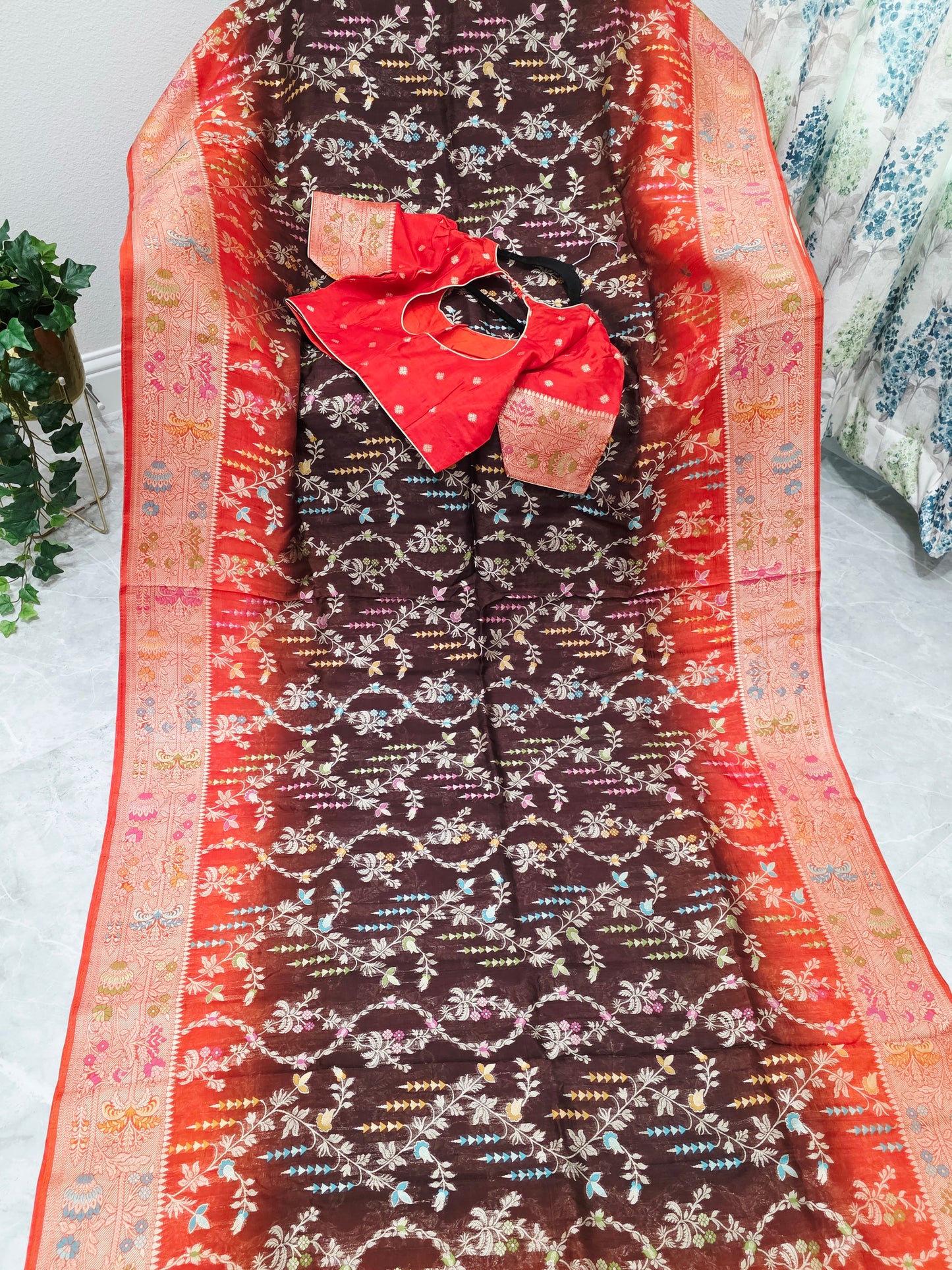 Chocolate Brown & Rust Orange Chanderi Linen Benarasi Saree with Stitched Blouse