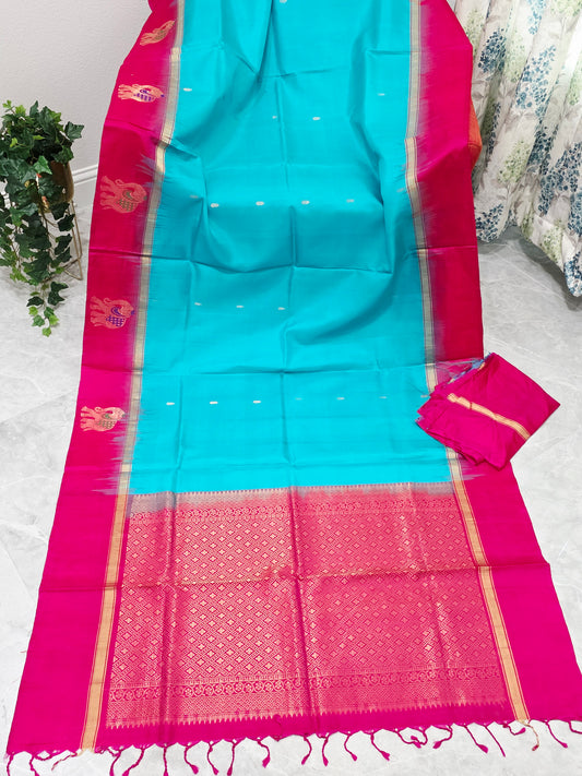 Aqua Turquoise & Rani Pink Pure Kanchi Soft Silk Saree with Elephant Butta Border