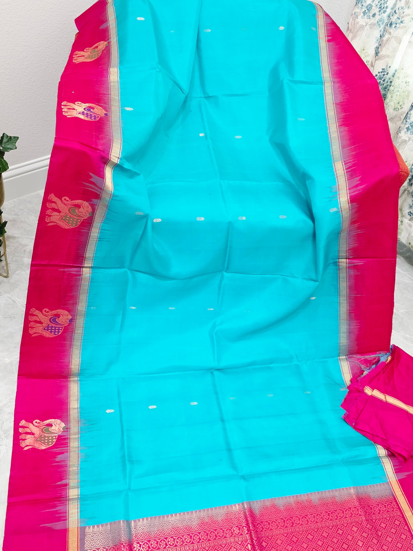 Aqua Turquoise & Rani Pink Pure Kanchi Soft Silk Saree with Elephant Butta Border