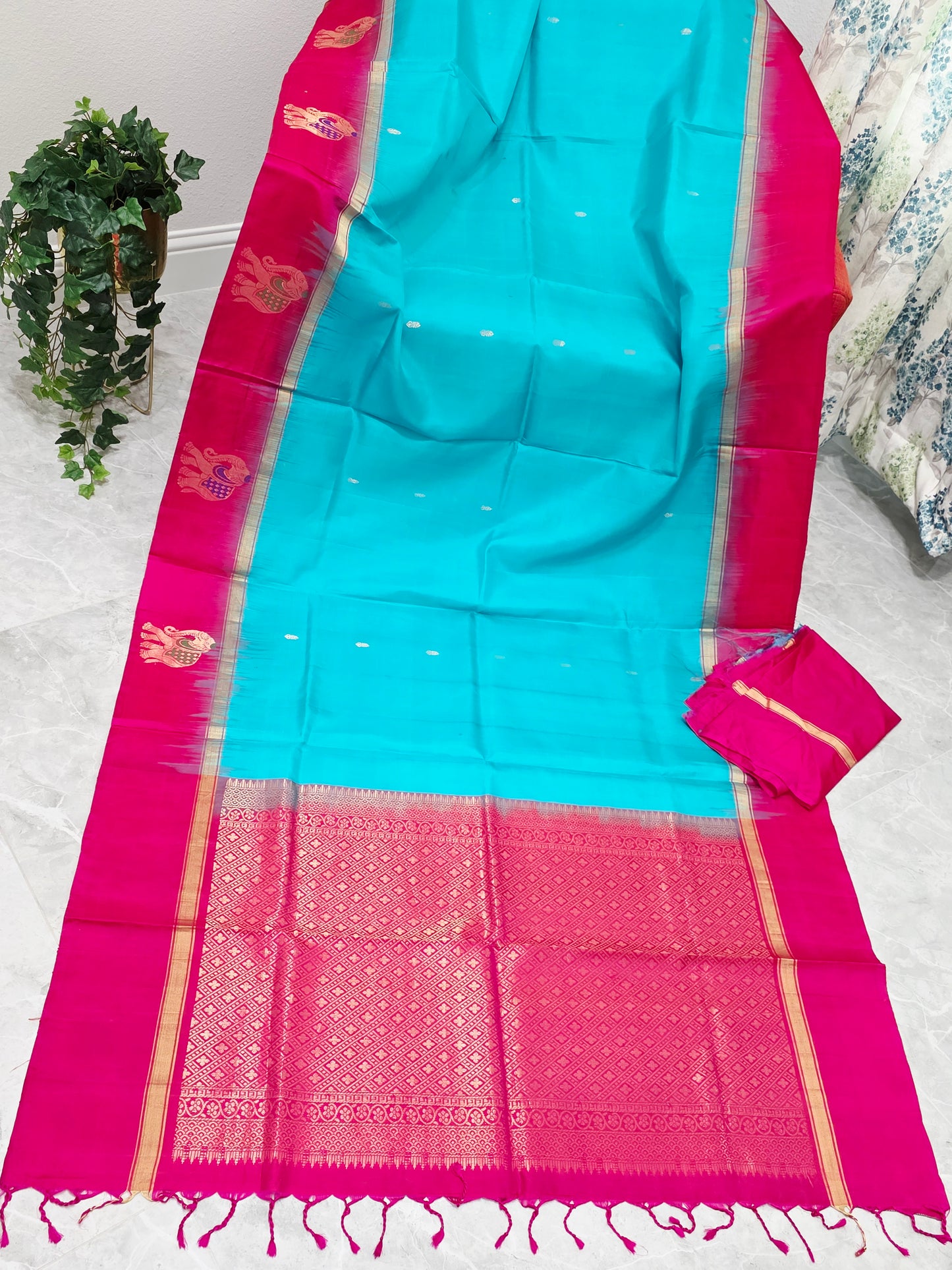 Aqua Turquoise & Rani Pink Pure Kanchi Soft Silk Saree with Elephant Butta Border