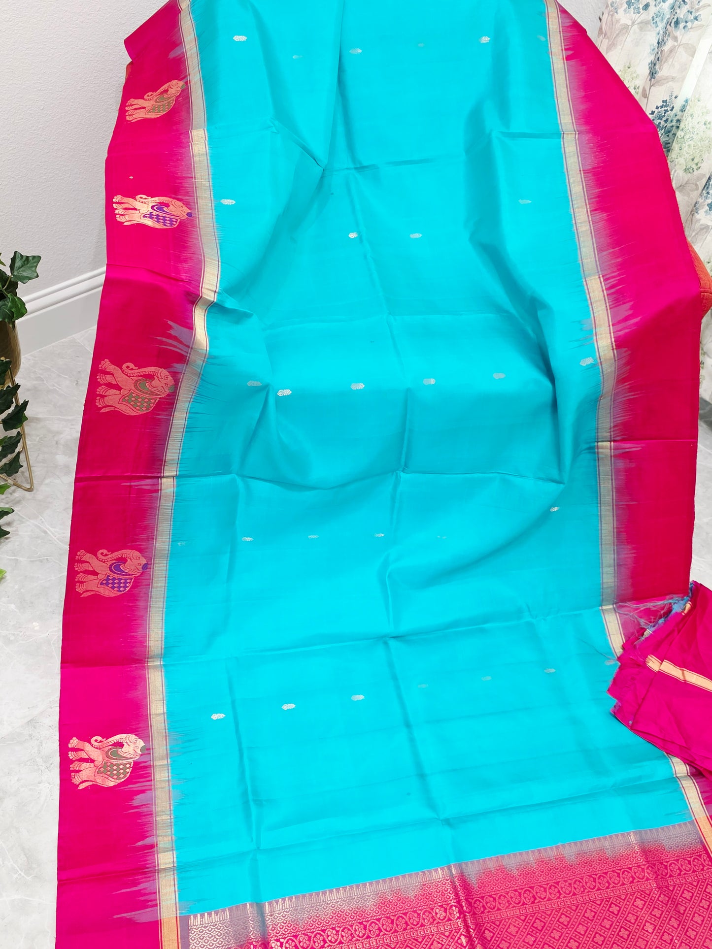 Aqua Turquoise & Rani Pink Pure Kanchi Soft Silk Saree with Elephant Butta Border