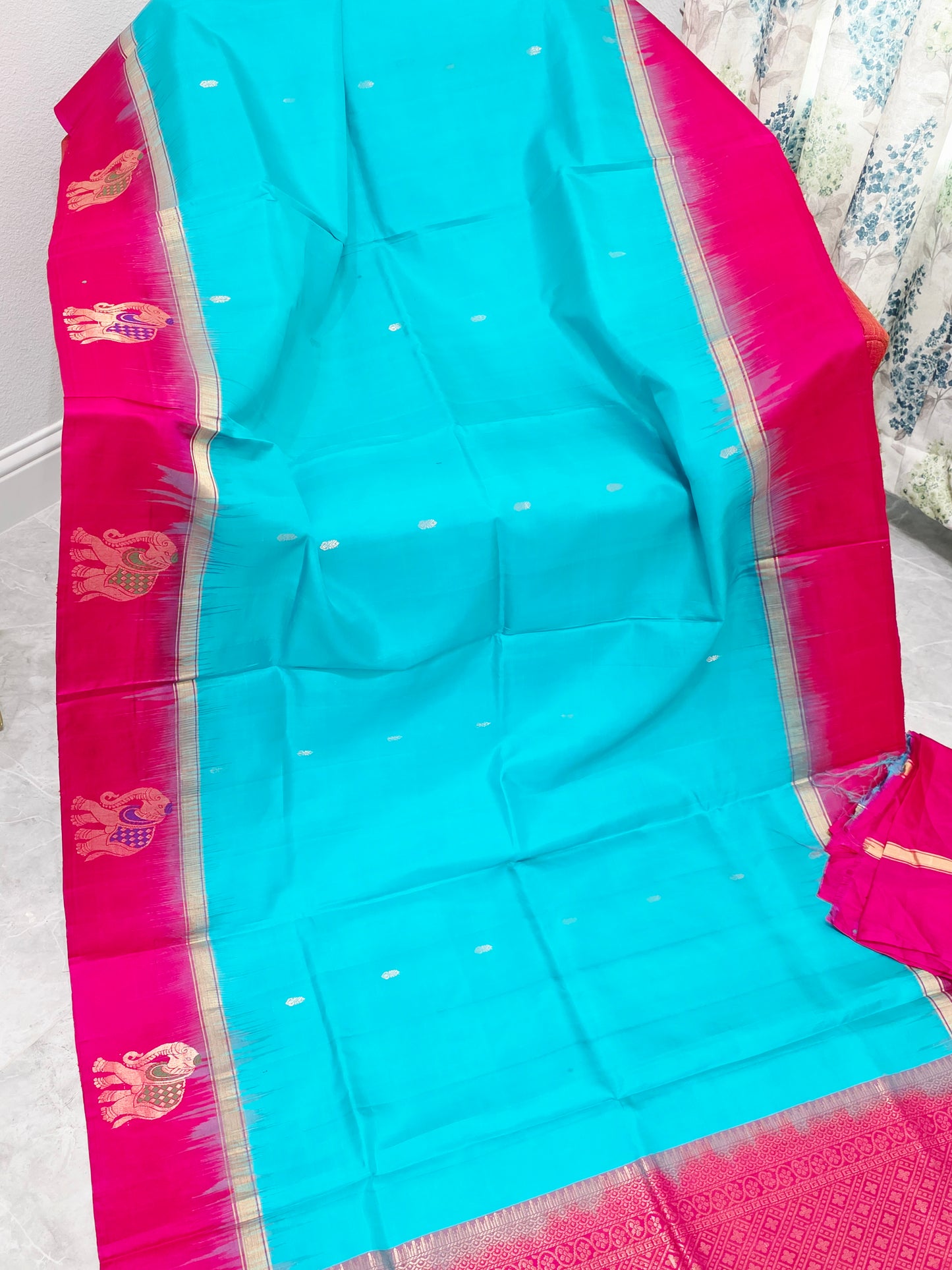 Aqua Turquoise & Rani Pink Pure Kanchi Soft Silk Saree with Elephant Butta Border